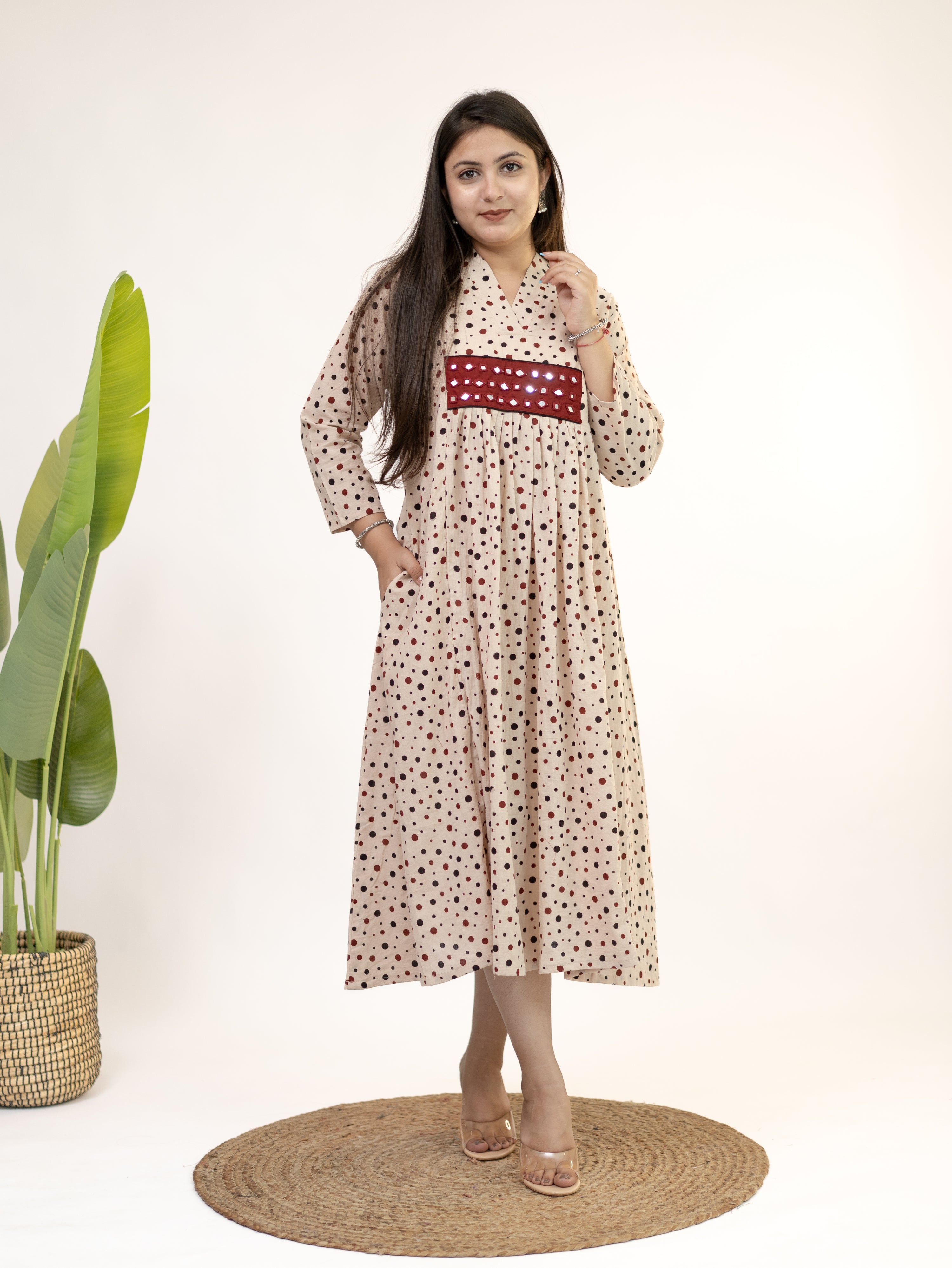 Bidhi Mul Cotton Offwhite Polka Handblock Kutch Embroidered A-line Kurta