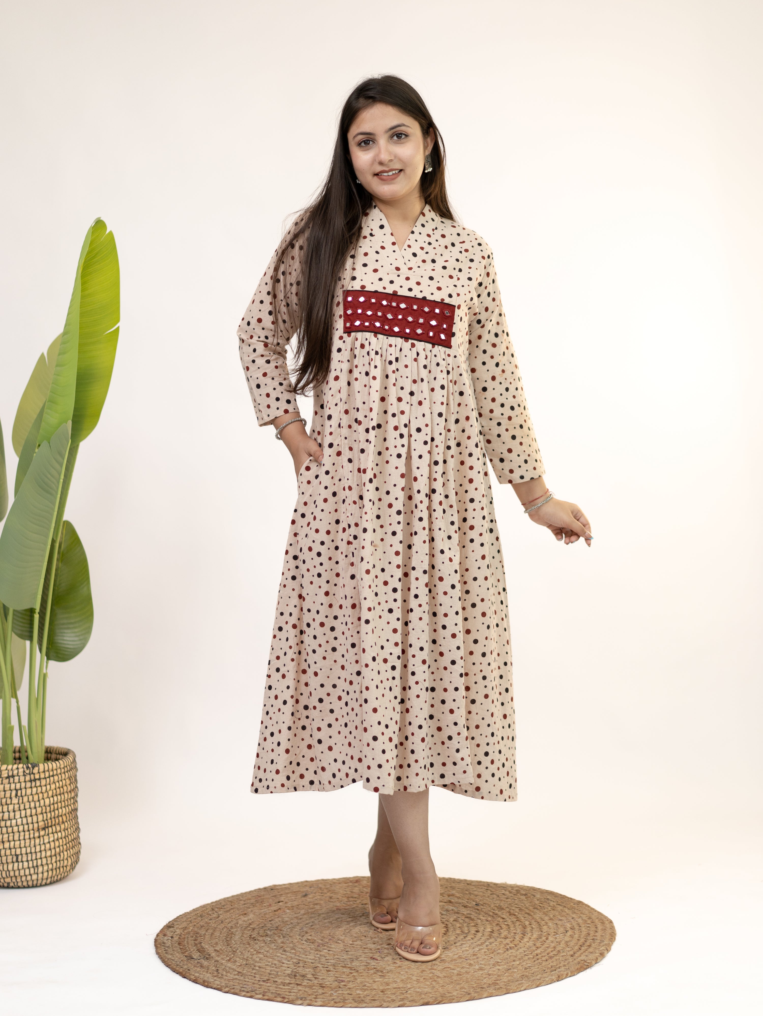 Bidhi Mul Cotton Offwhite Polka Handblock Kutch Embroidered A-line Kurta