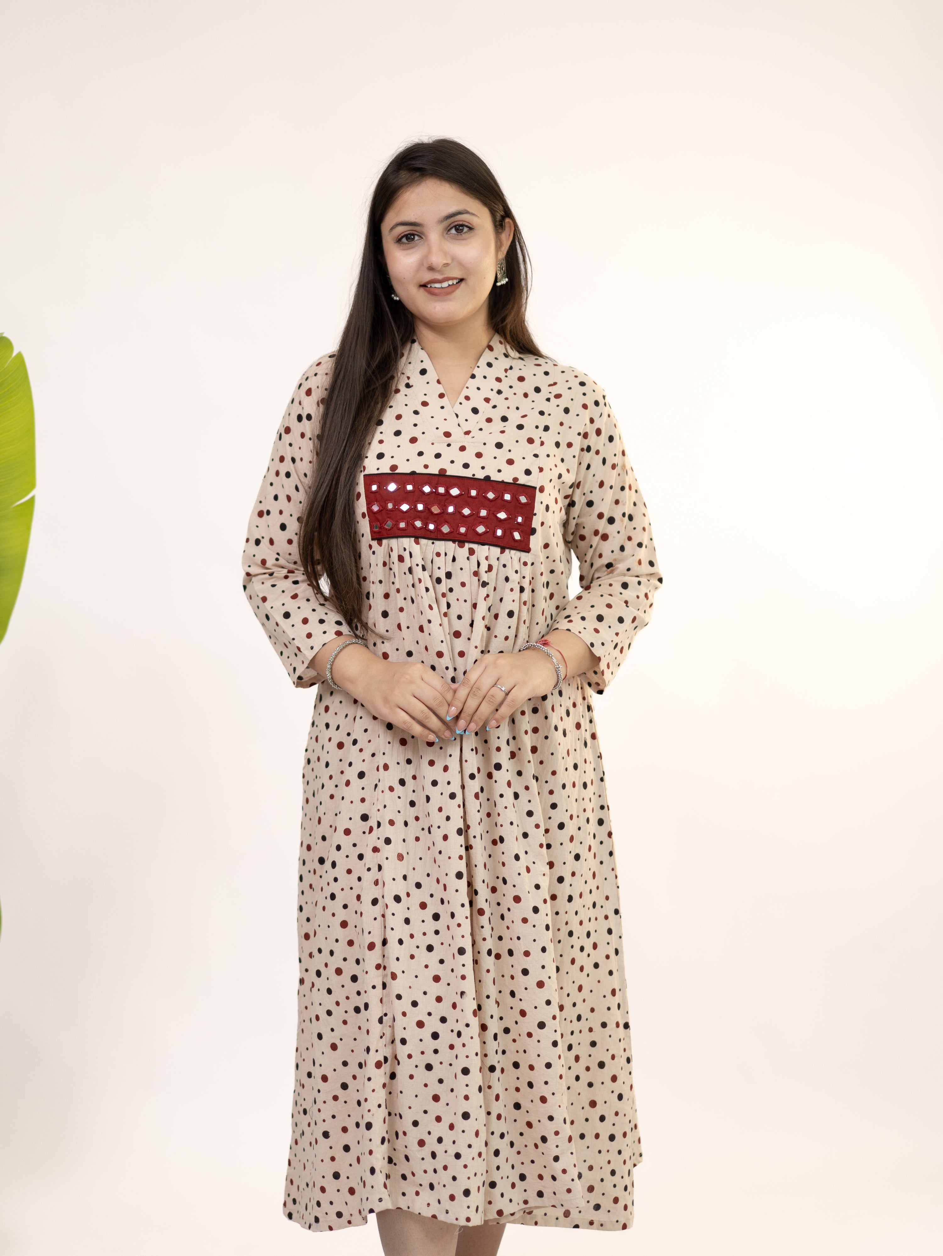 Bidhi Mul Cotton Offwhite Polka Handblock Kutch Embroidered A-line Kurta