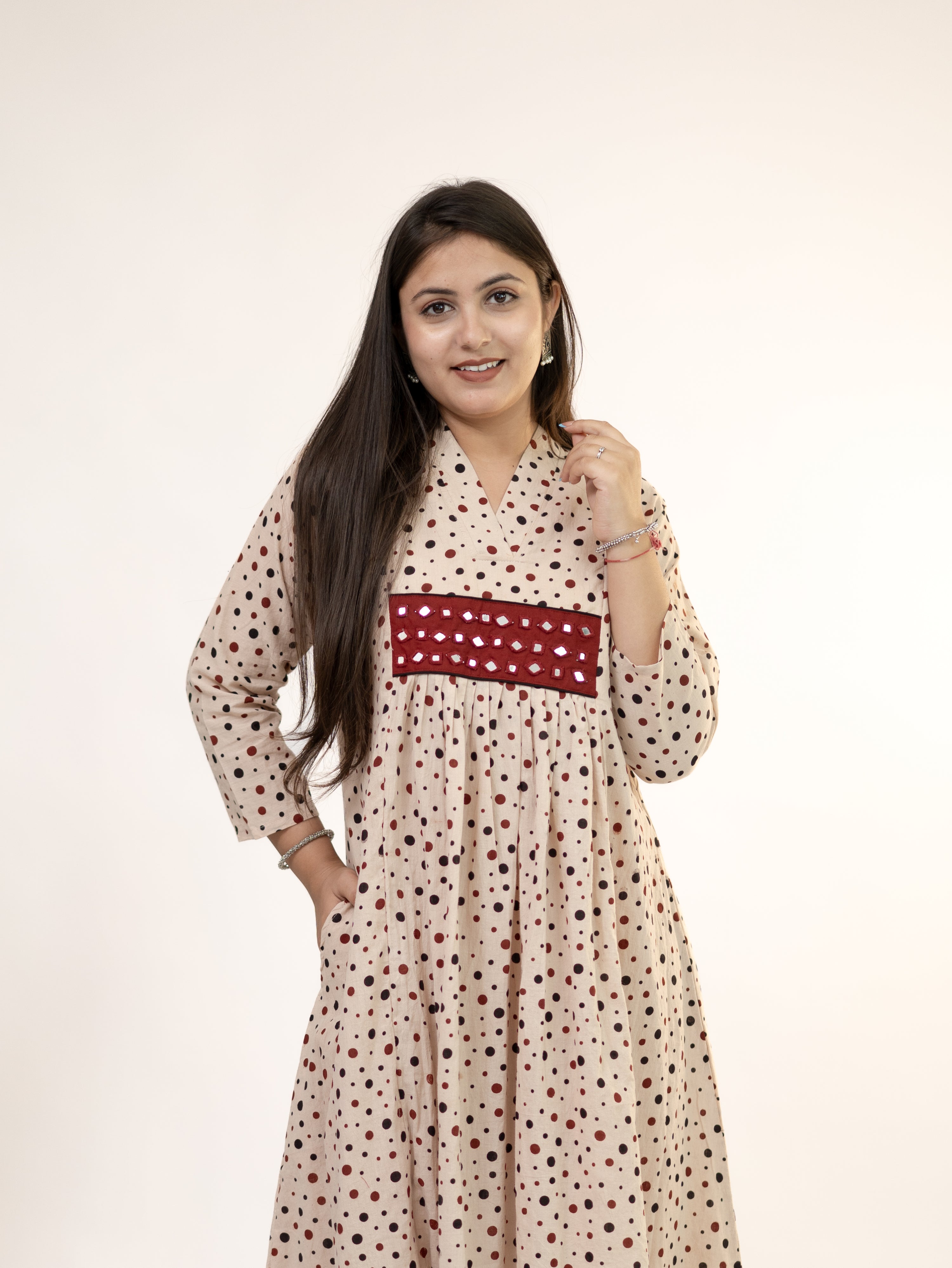 Bidhi Mul Cotton Offwhite Polka Handblock Kutch Embroidered A-line Kurta