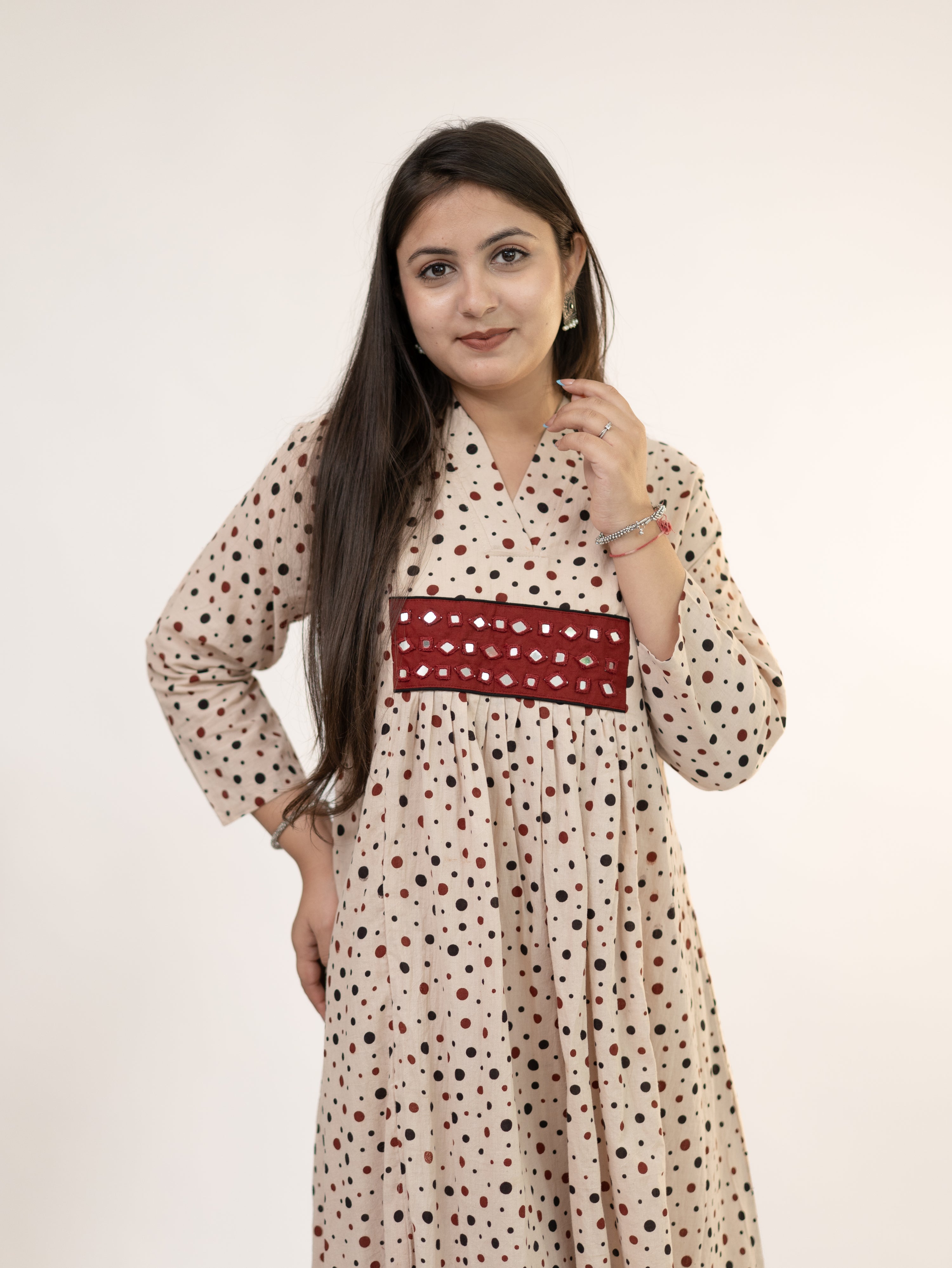 Bidhi Mul Cotton Offwhite Polka Handblock Kutch Embroidered A-line Kurta