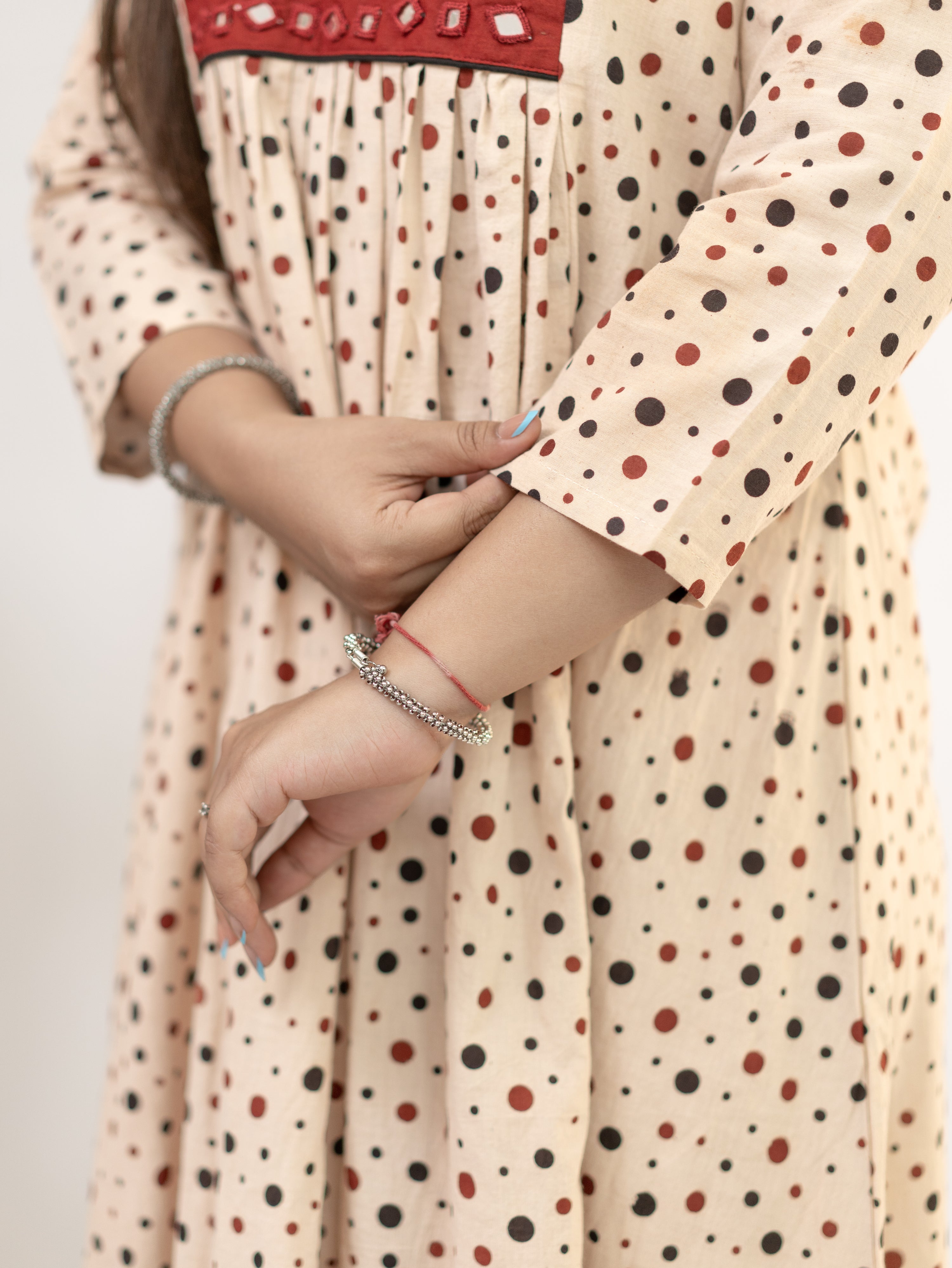 Bidhi Mul Cotton Offwhite Polka Handblock Kutch Embroidered A-line Kurta