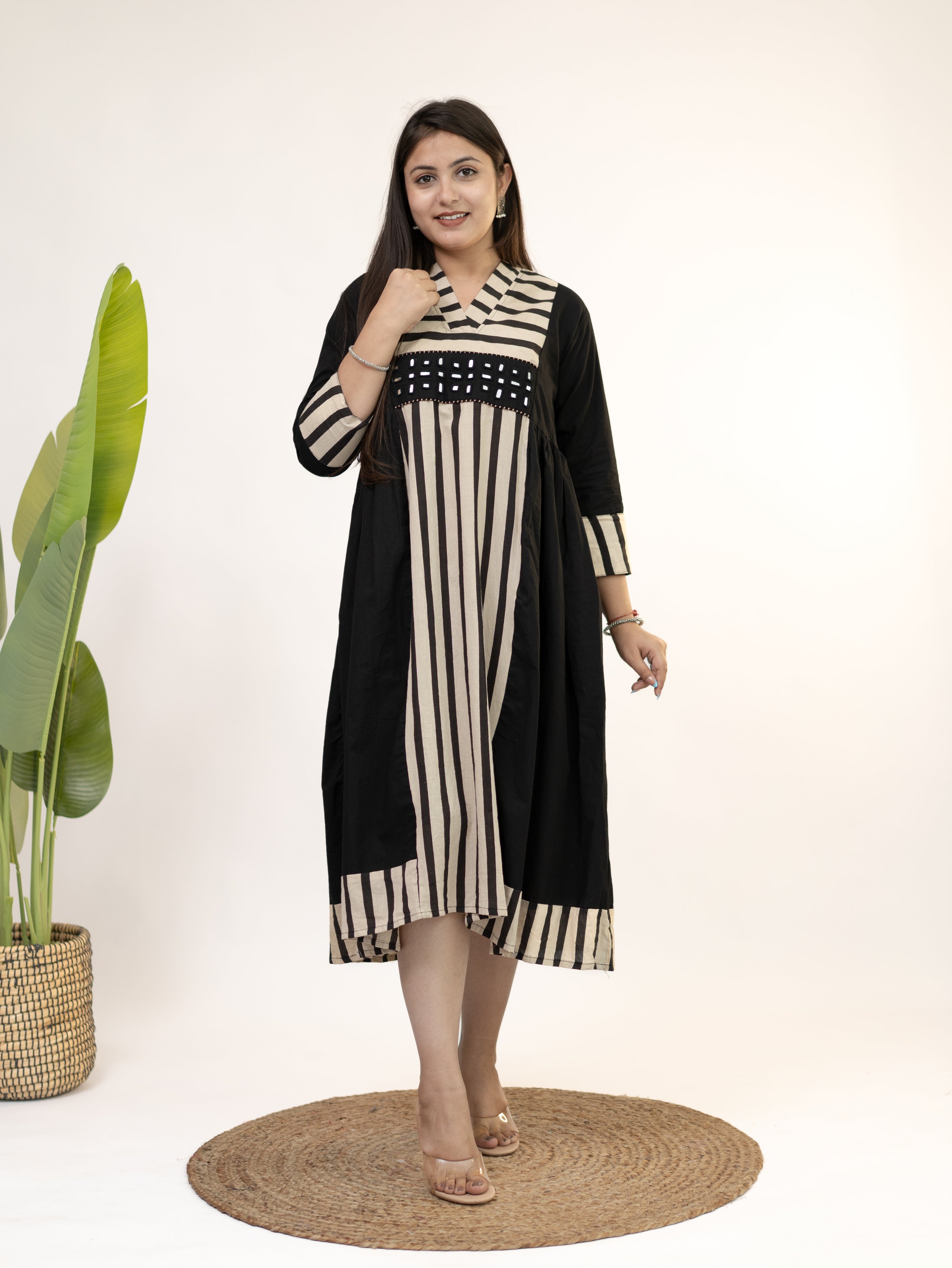 Yashvi Black Cotton Handblock Kutch Embroidered A-line Kurta