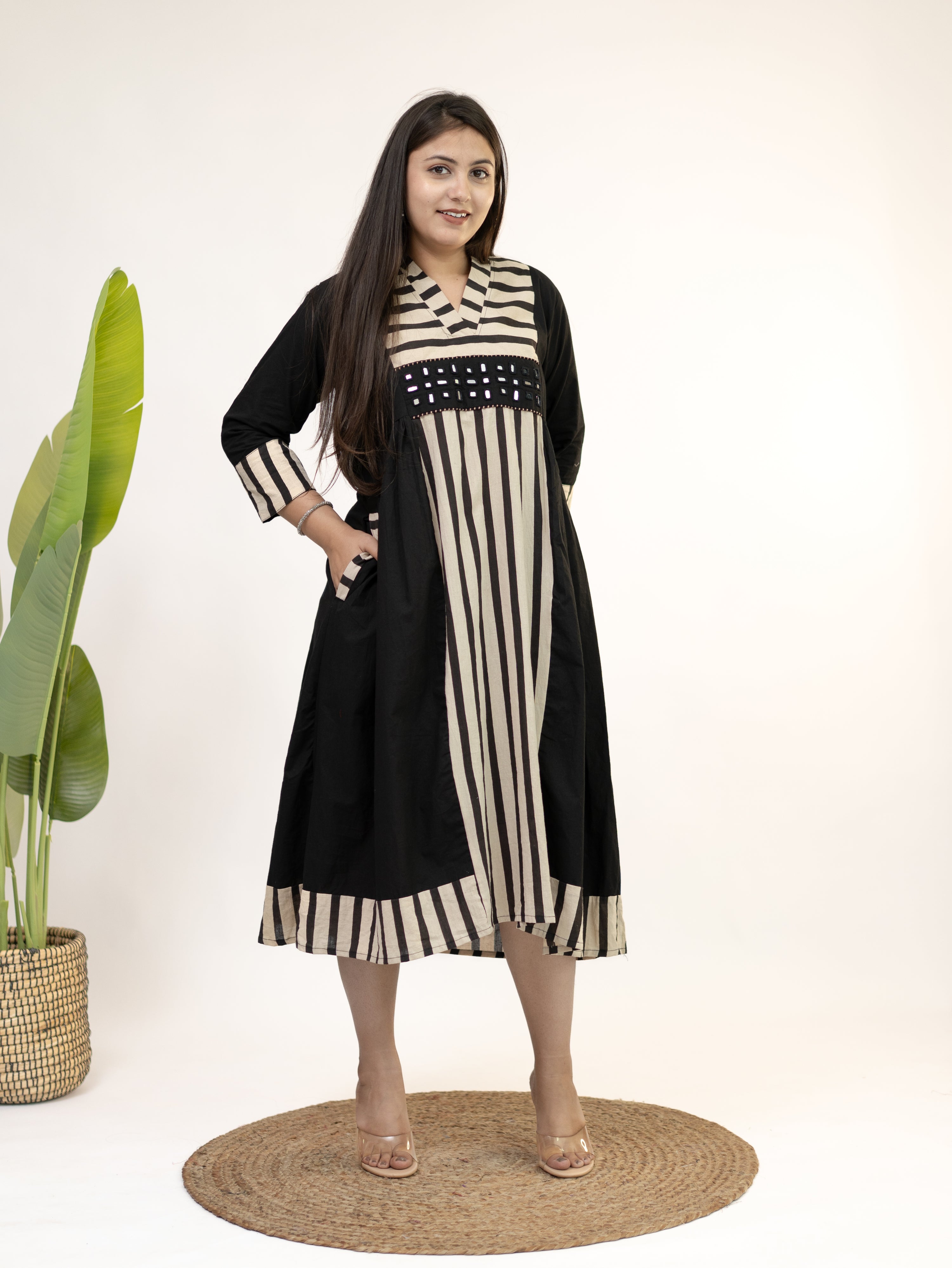 Yashvi Black Cotton Handblock Kutch Embroidered A-line Kurta