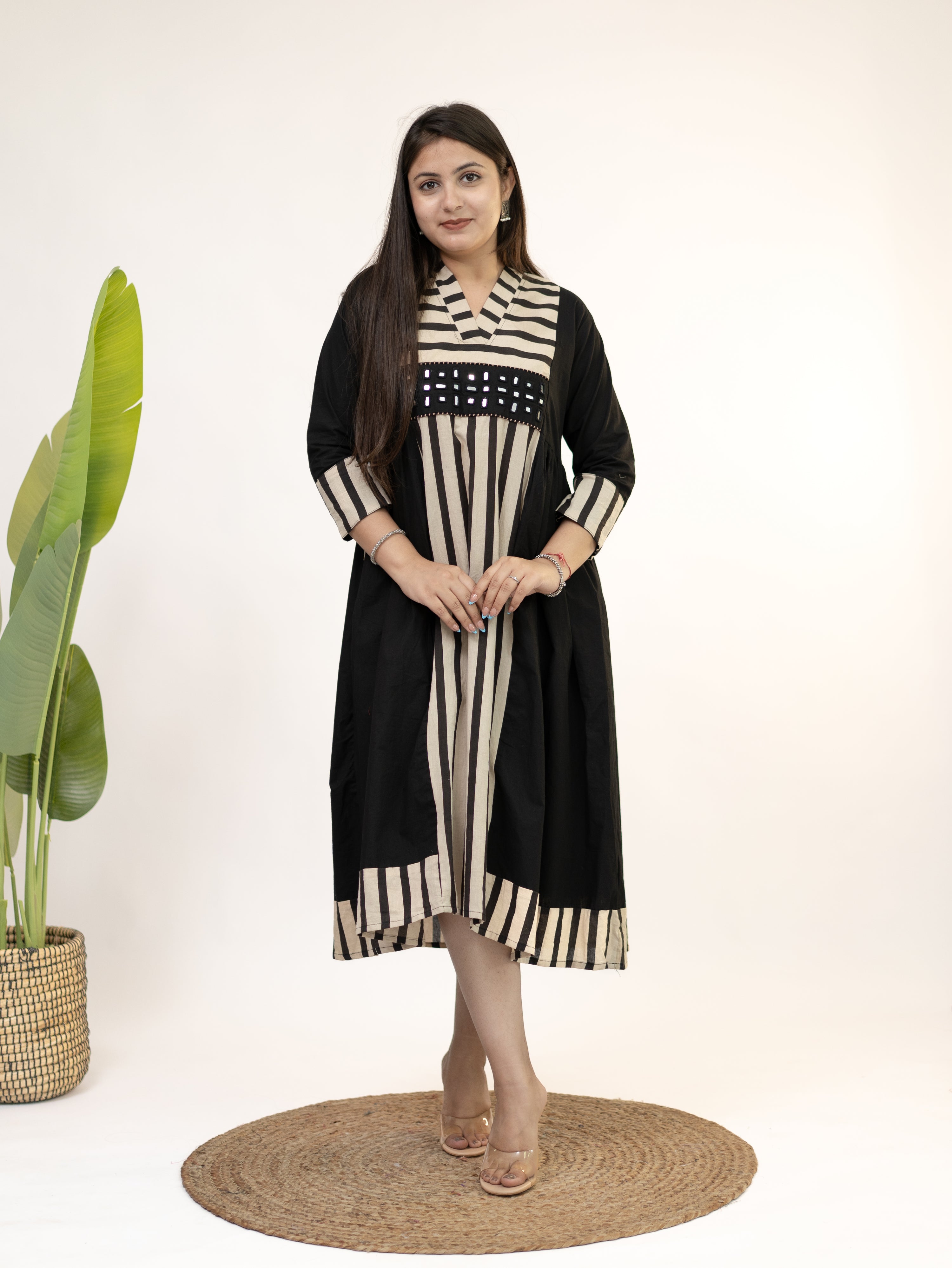 Yashvi Black Cotton Handblock Kutch Embroidered A-line Kurta