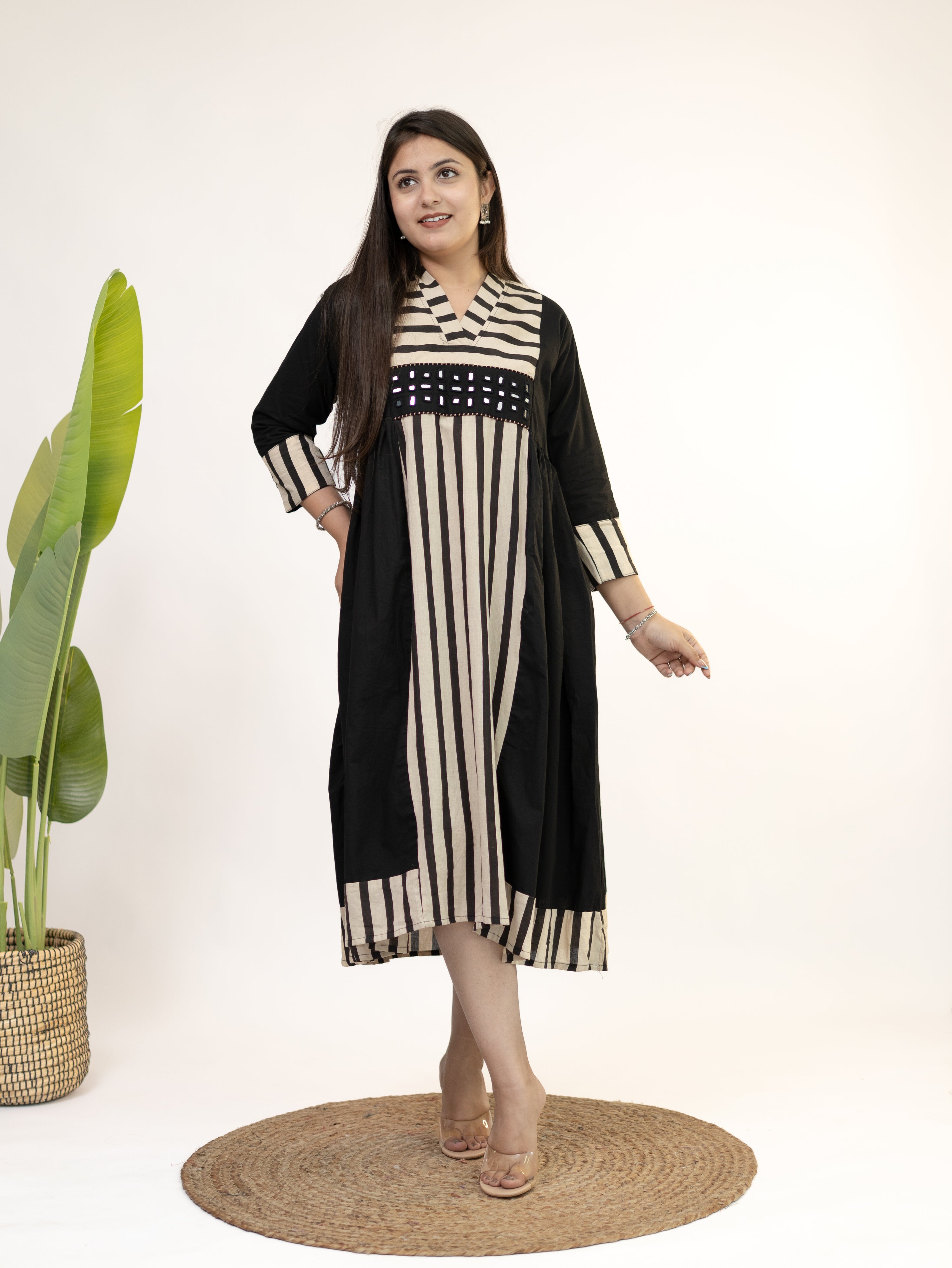 Yashvi Black Cotton Handblock Kutch Embroidered A-line Kurta