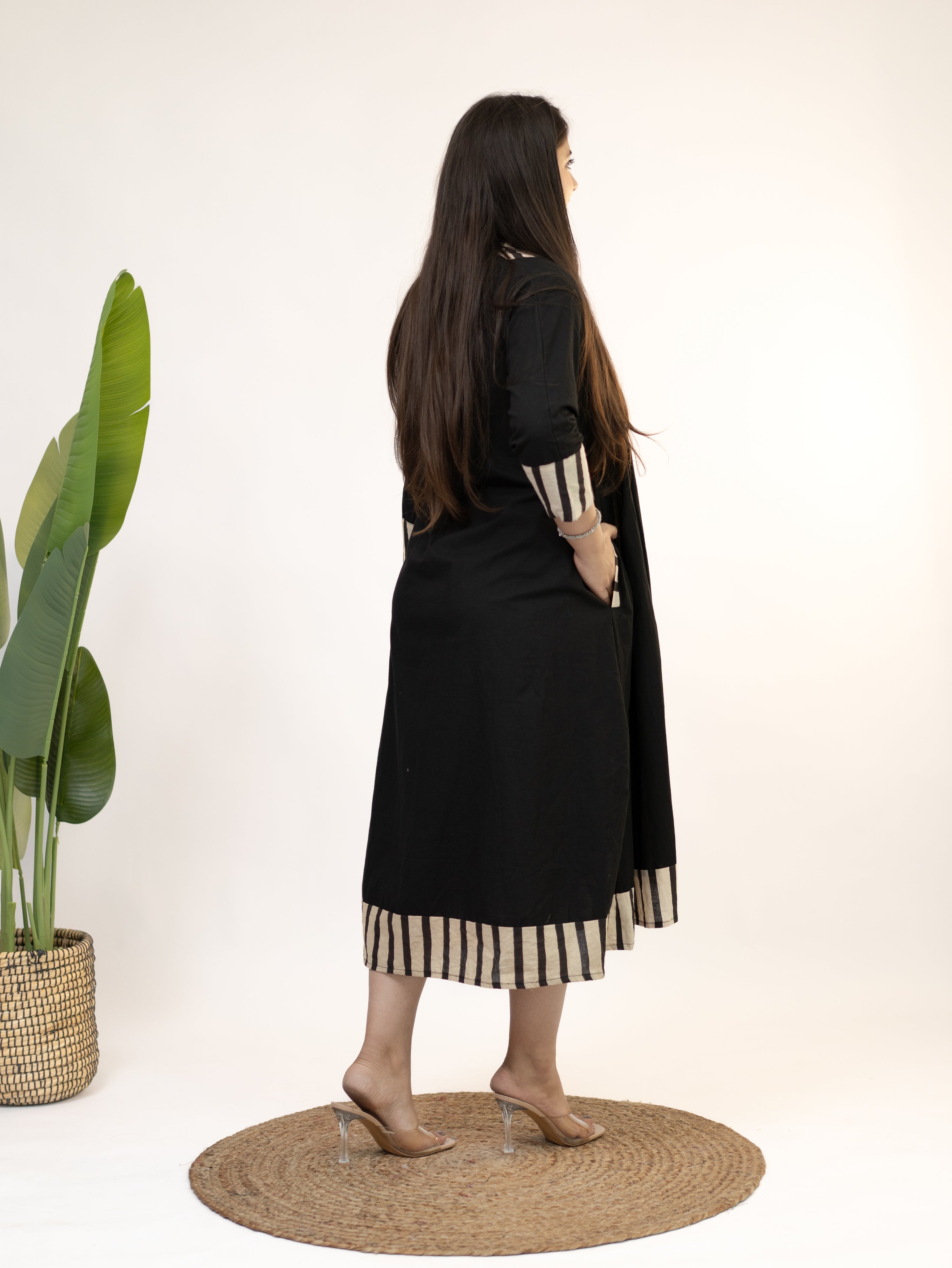 Yashvi Black Cotton Handblock Kutch Embroidered A-line Kurta