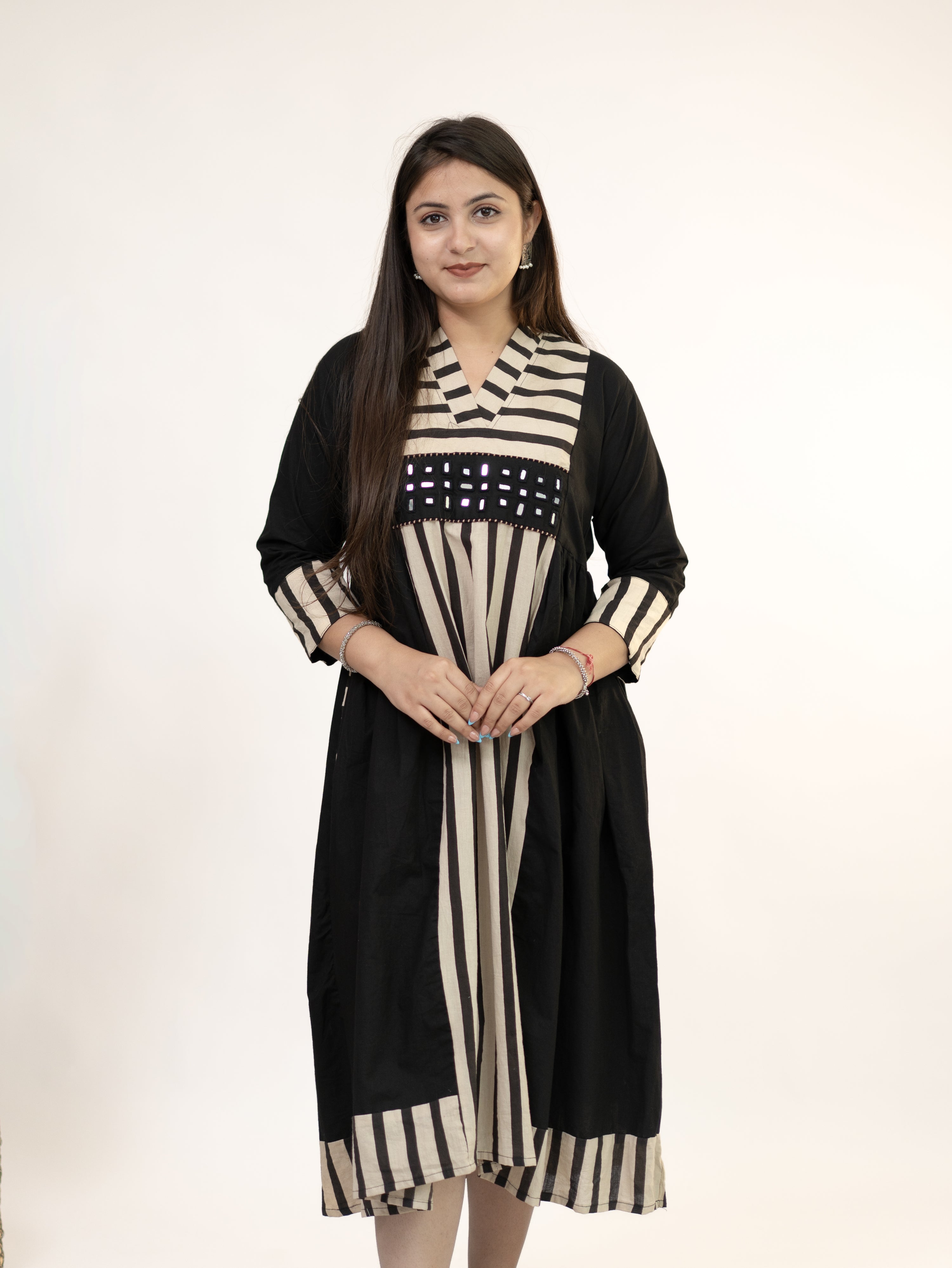 Yashvi Black Cotton Handblock Kutch Embroidered A-line Kurta