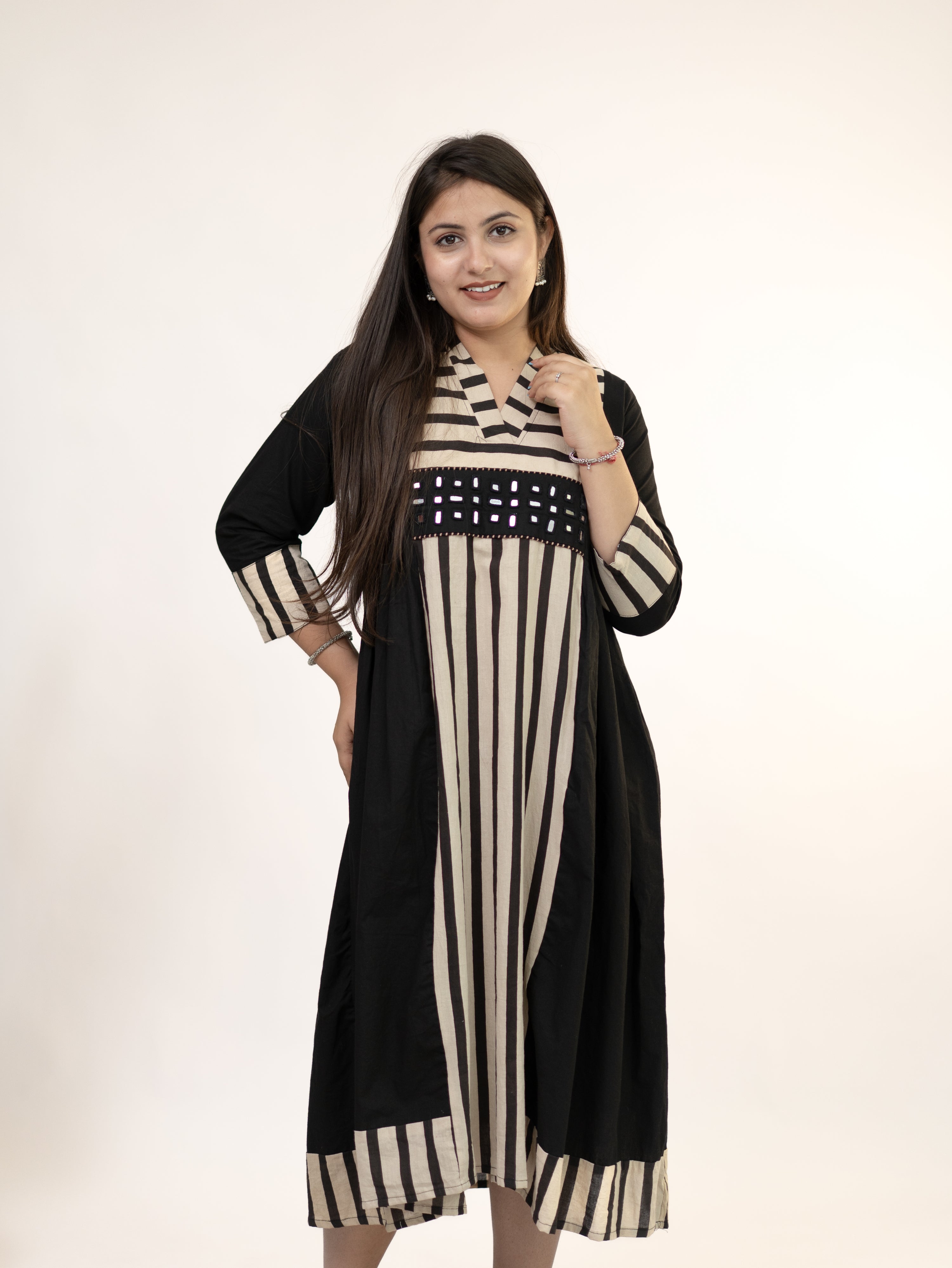 Yashvi Black Cotton Handblock Kutch Embroidered A-line Kurta