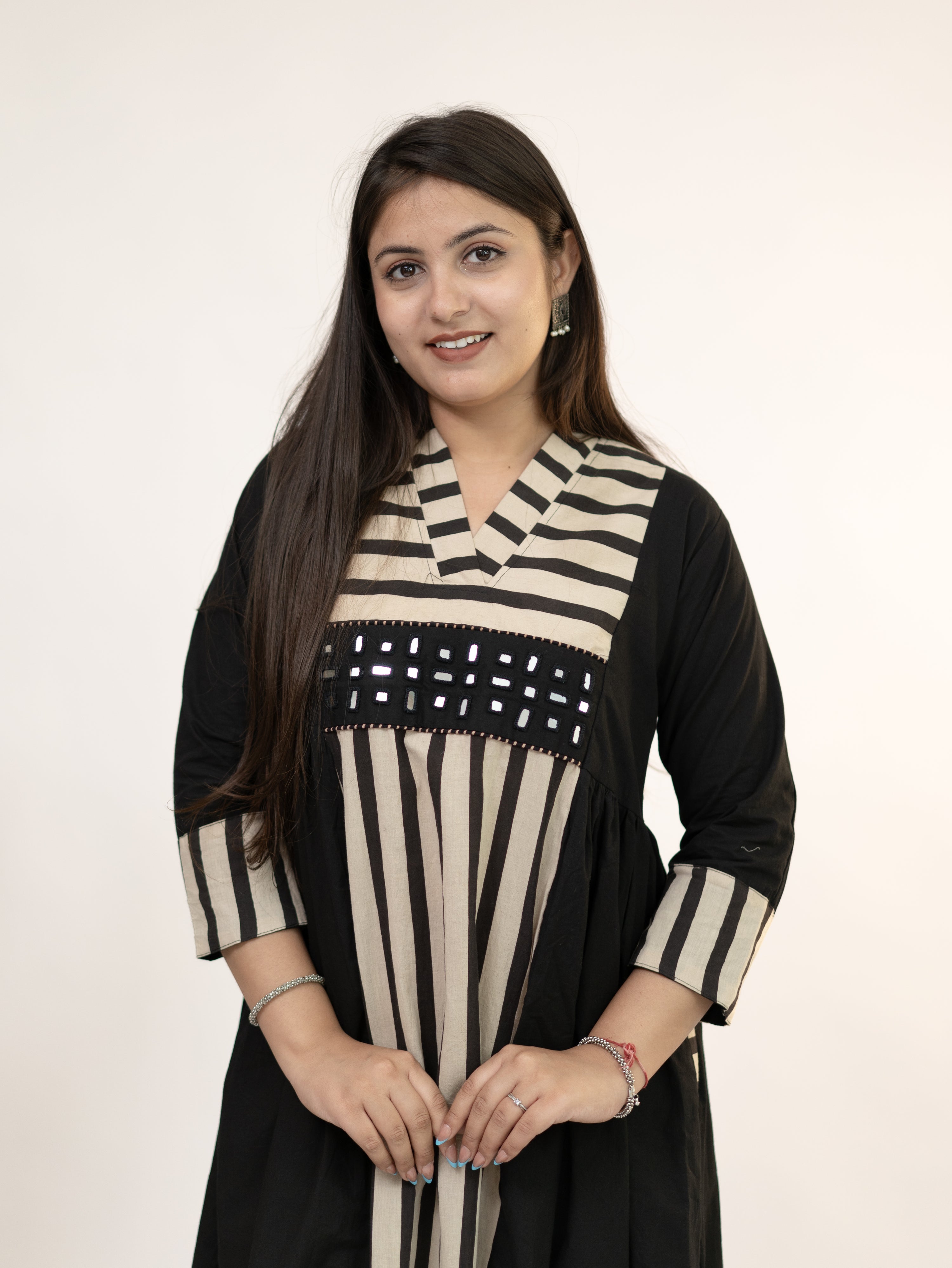 Yashvi Black Cotton Handblock Kutch Embroidered A-line Kurta