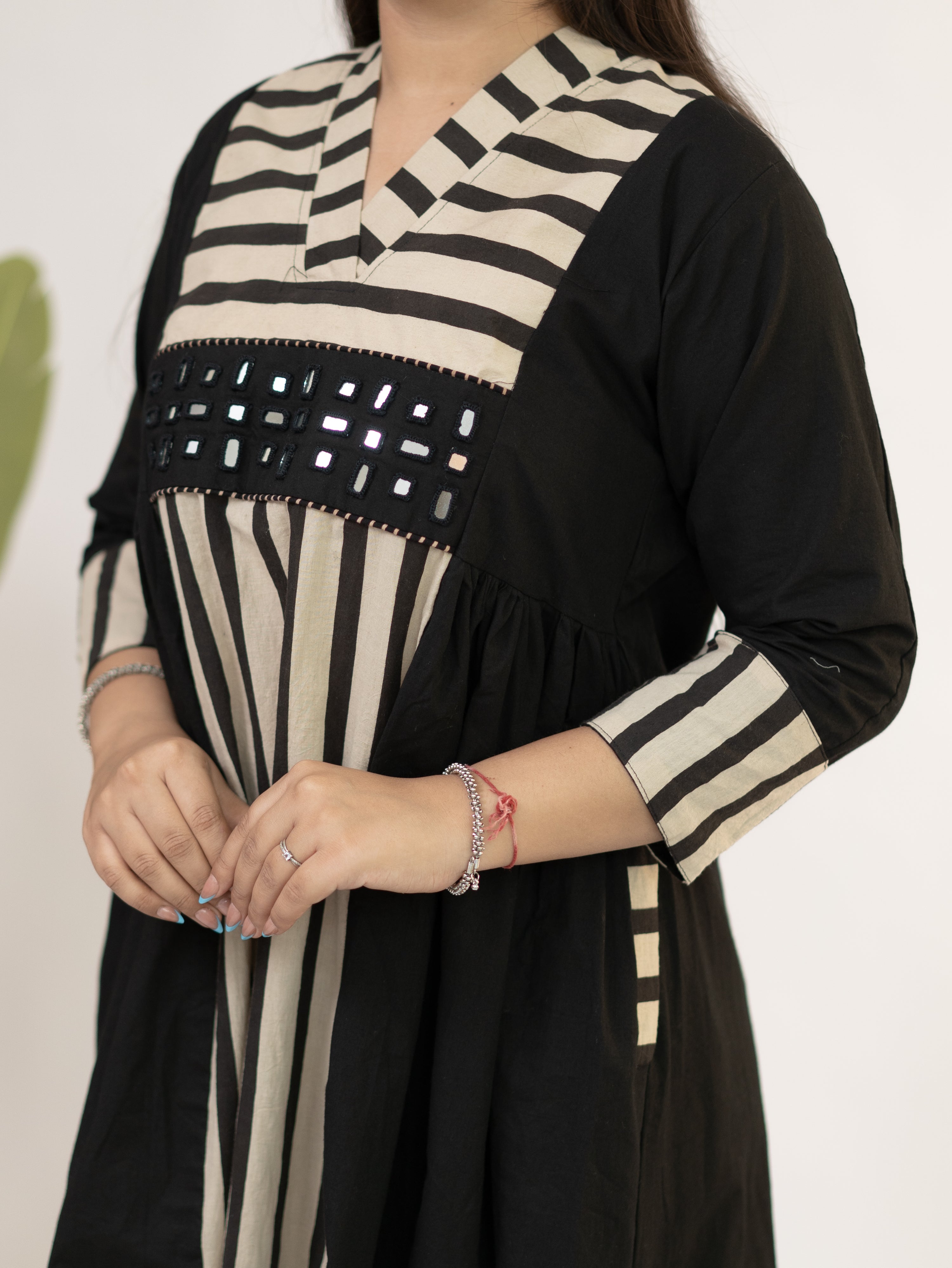 Yashvi Black Cotton Handblock Kutch Embroidered A-line Kurta