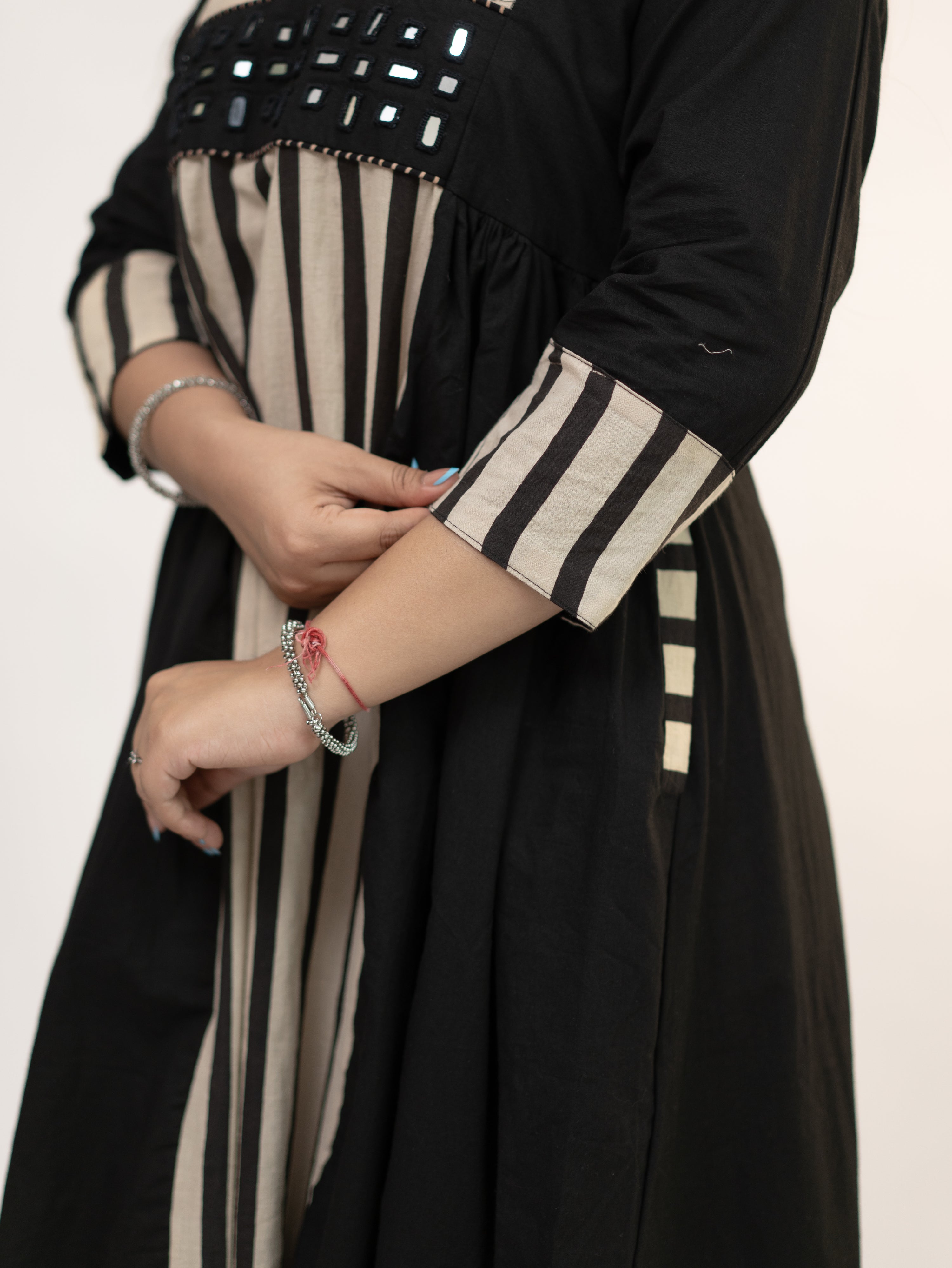 Yashvi Black Cotton Handblock Kutch Embroidered A-line Kurta