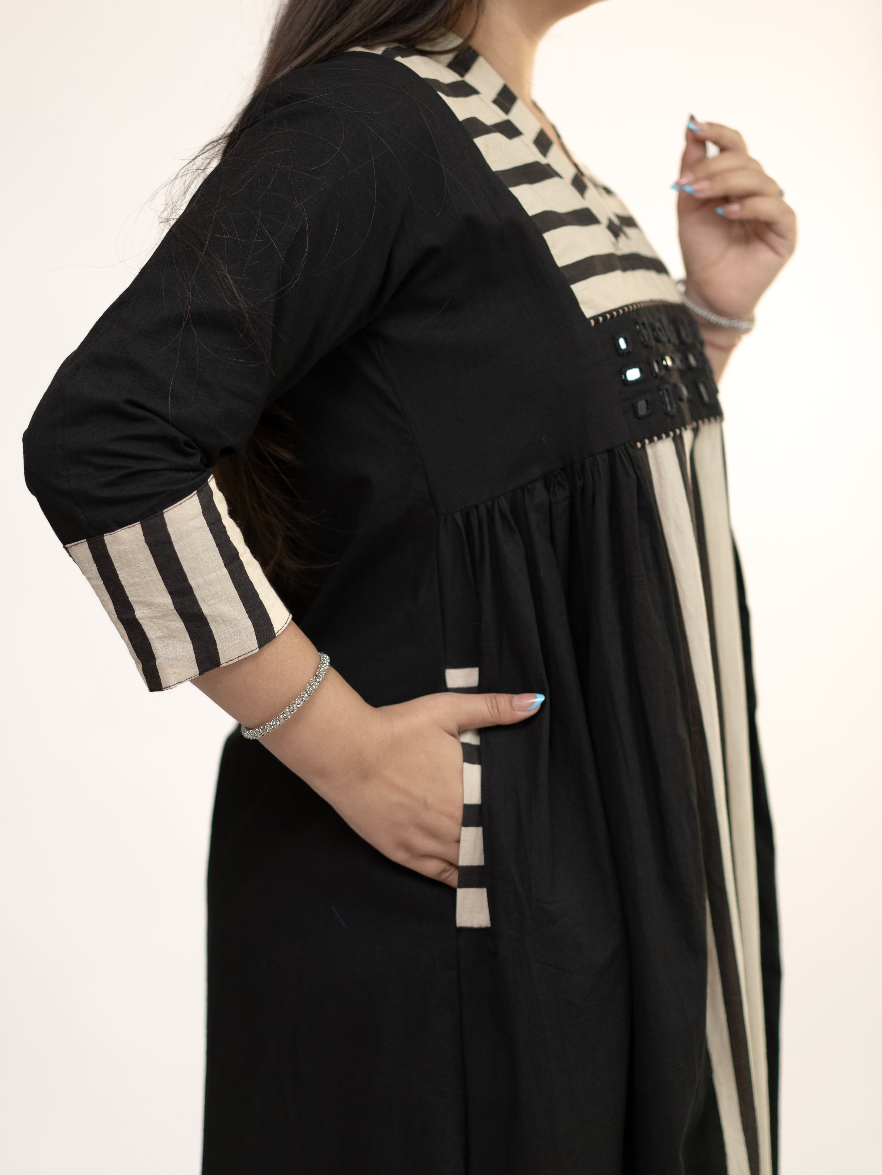 Yashvi Black Cotton Handblock Kutch Embroidered A-line Kurta