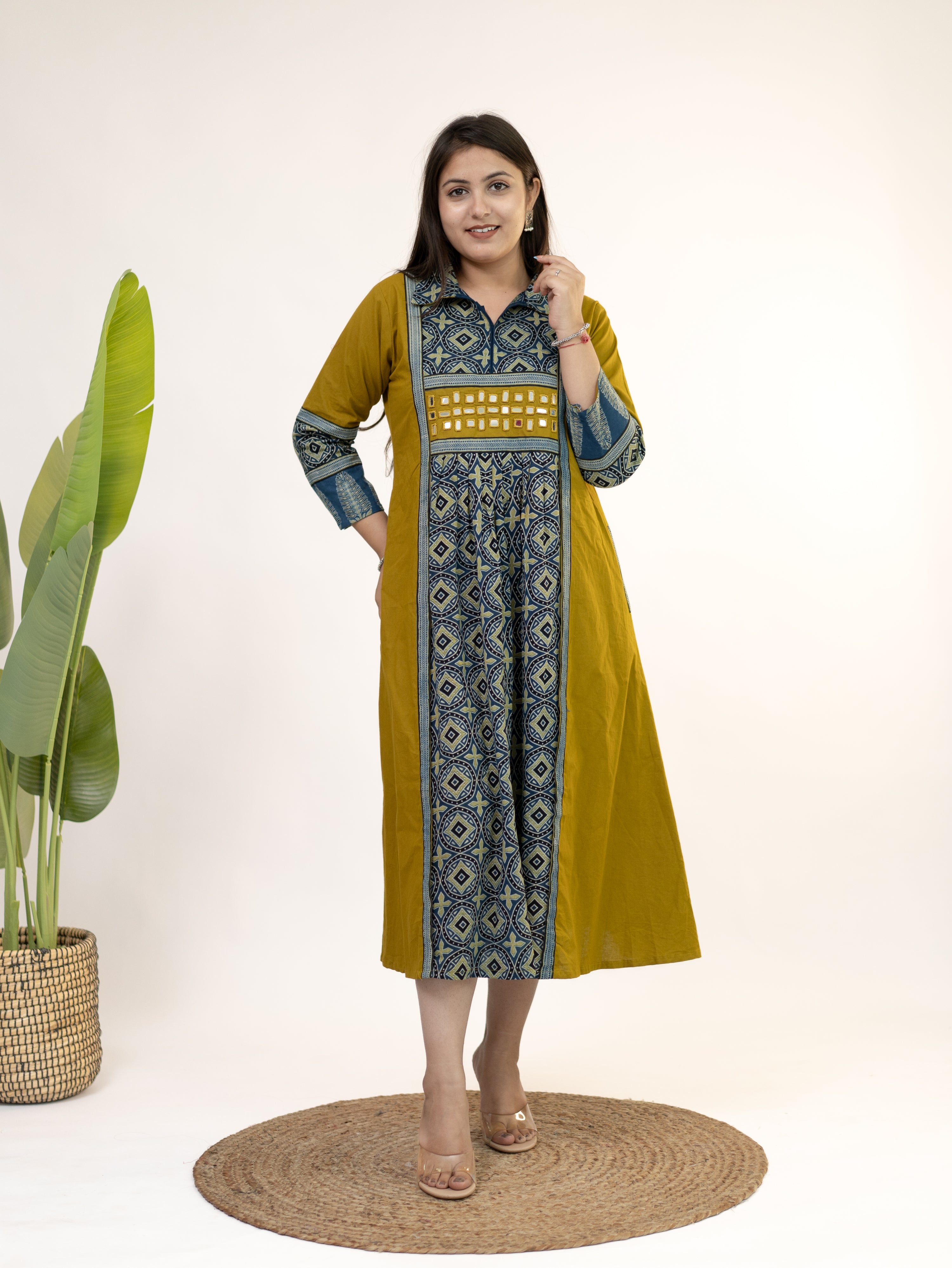 Diyara Mustard Cotton Ajrakh Kutch Embroidered A-line Kurta
