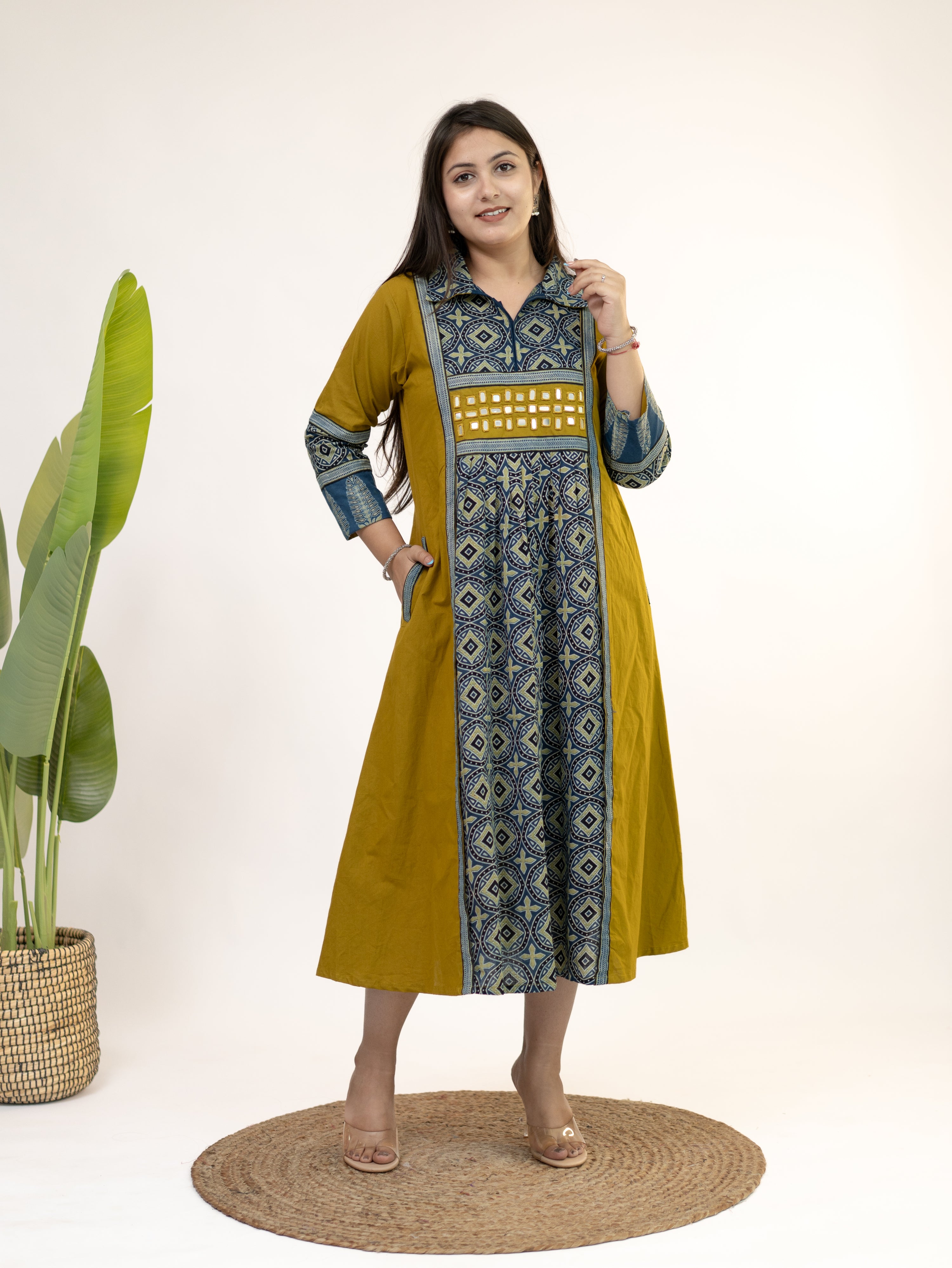 Diyara Mustard Cotton Ajrakh Kutch Embroidered A-line Kurta