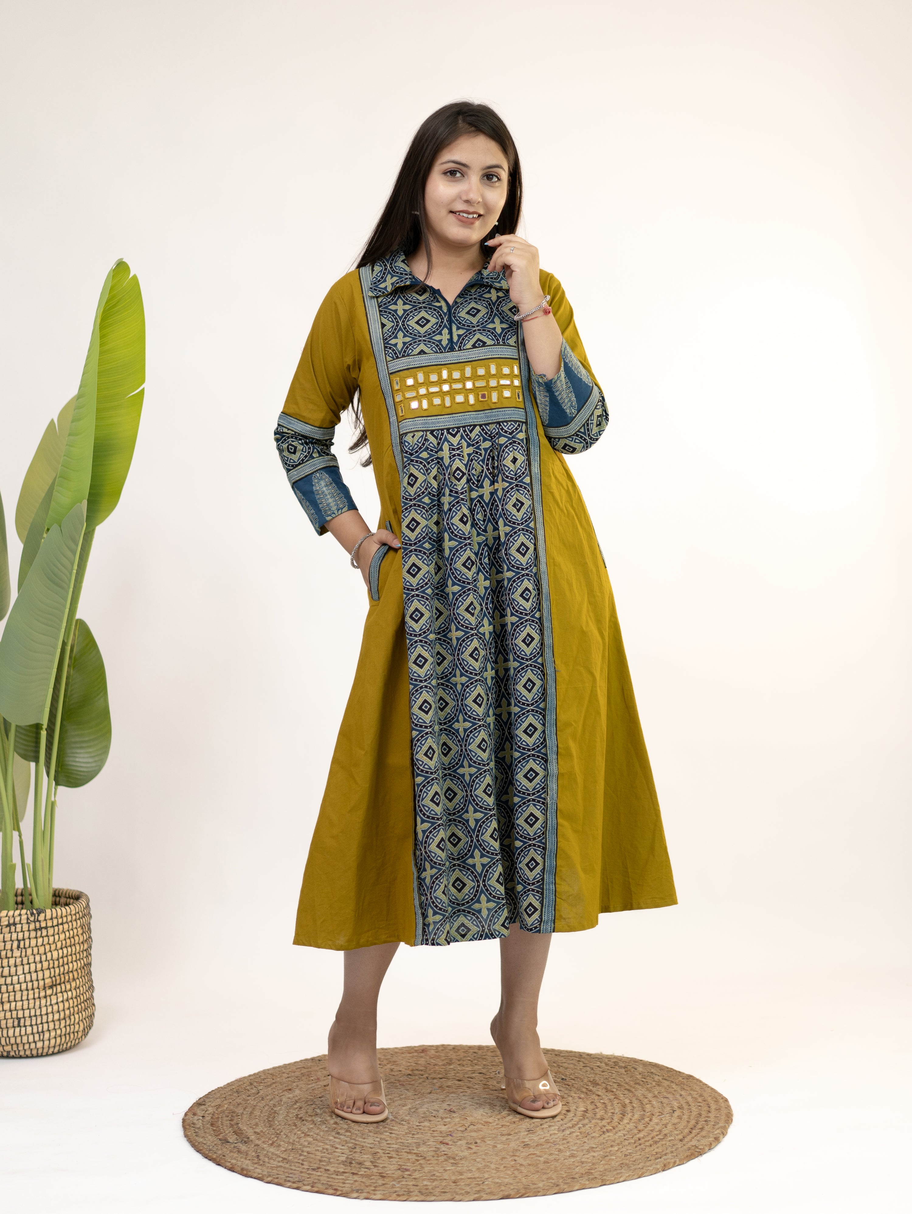 Diyara Mustard Cotton Ajrakh Kutch Embroidered A-line Kurta