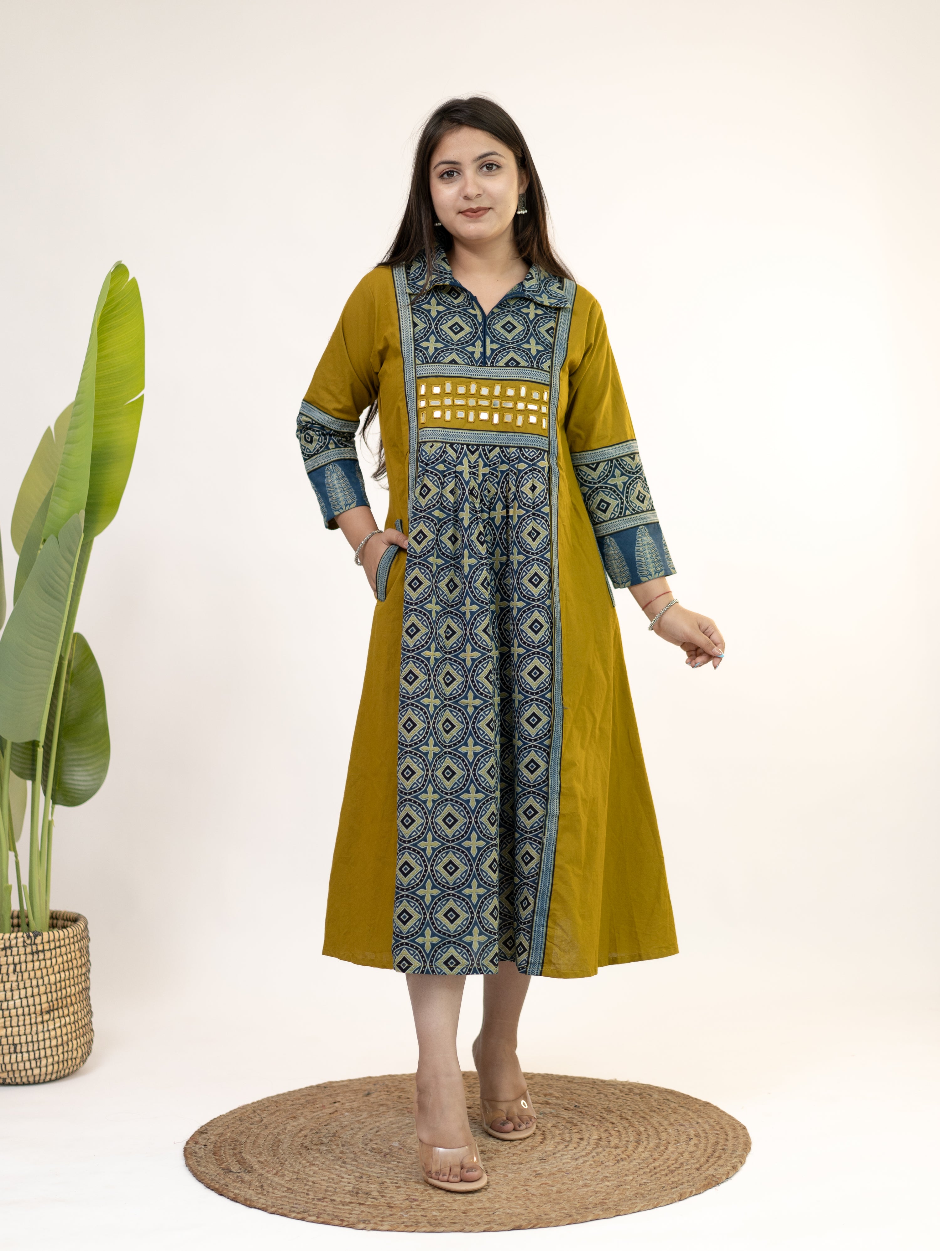 Diyara Mustard Cotton Ajrakh Kutch Embroidered A-line Kurta