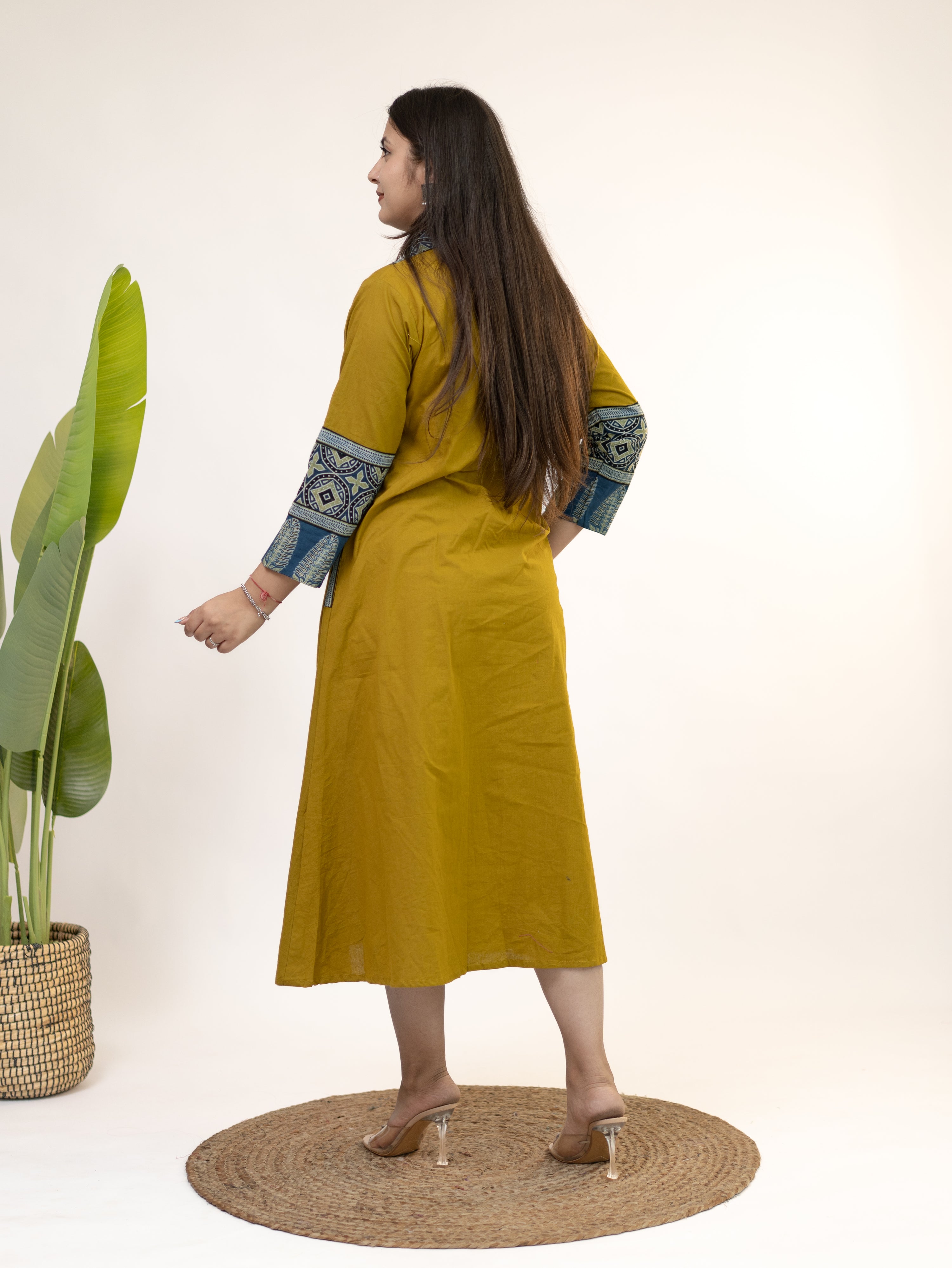 Diyara Mustard Cotton Ajrakh Kutch Embroidered A-line Kurta