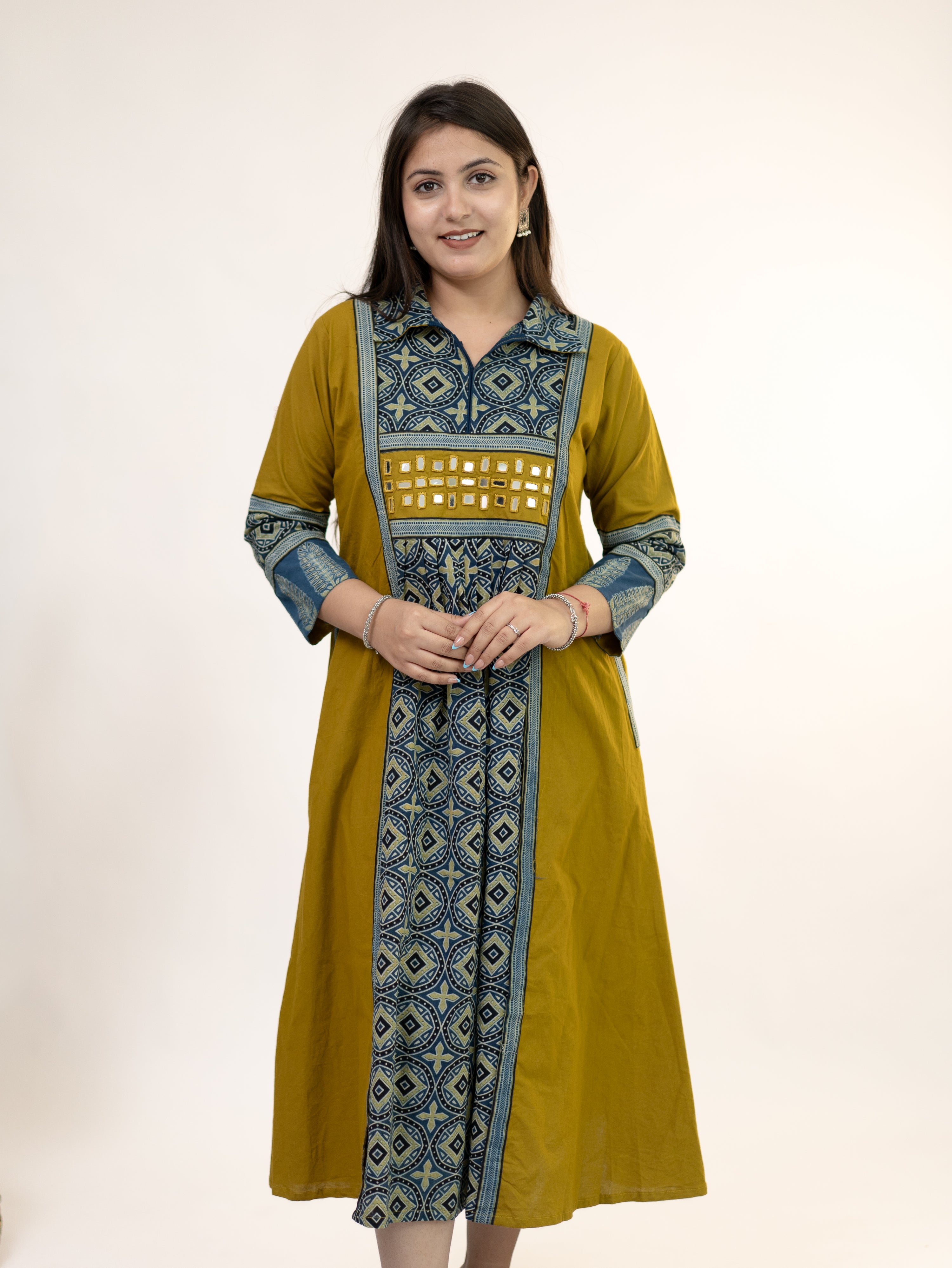 Diyara Mustard Cotton Ajrakh Kutch Embroidered A-line Kurta