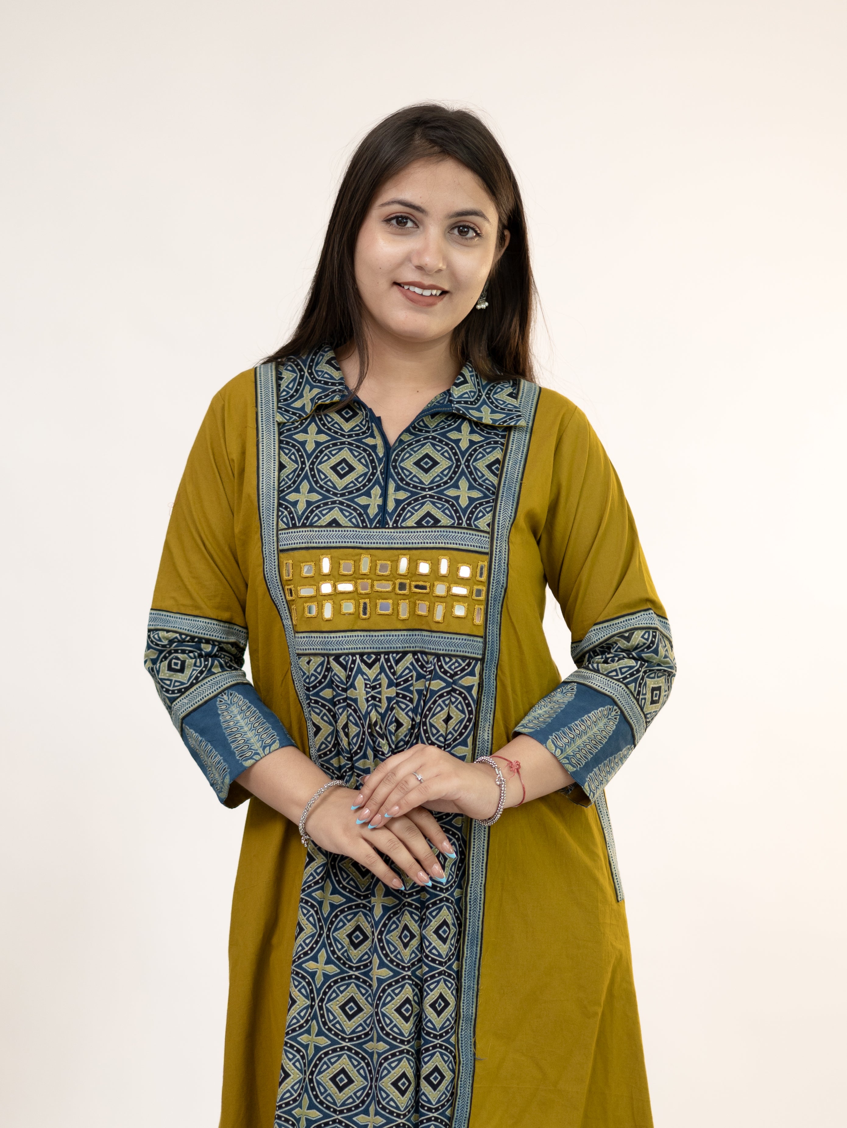 Diyara Mustard Cotton Ajrakh Kutch Embroidered A-line Kurta