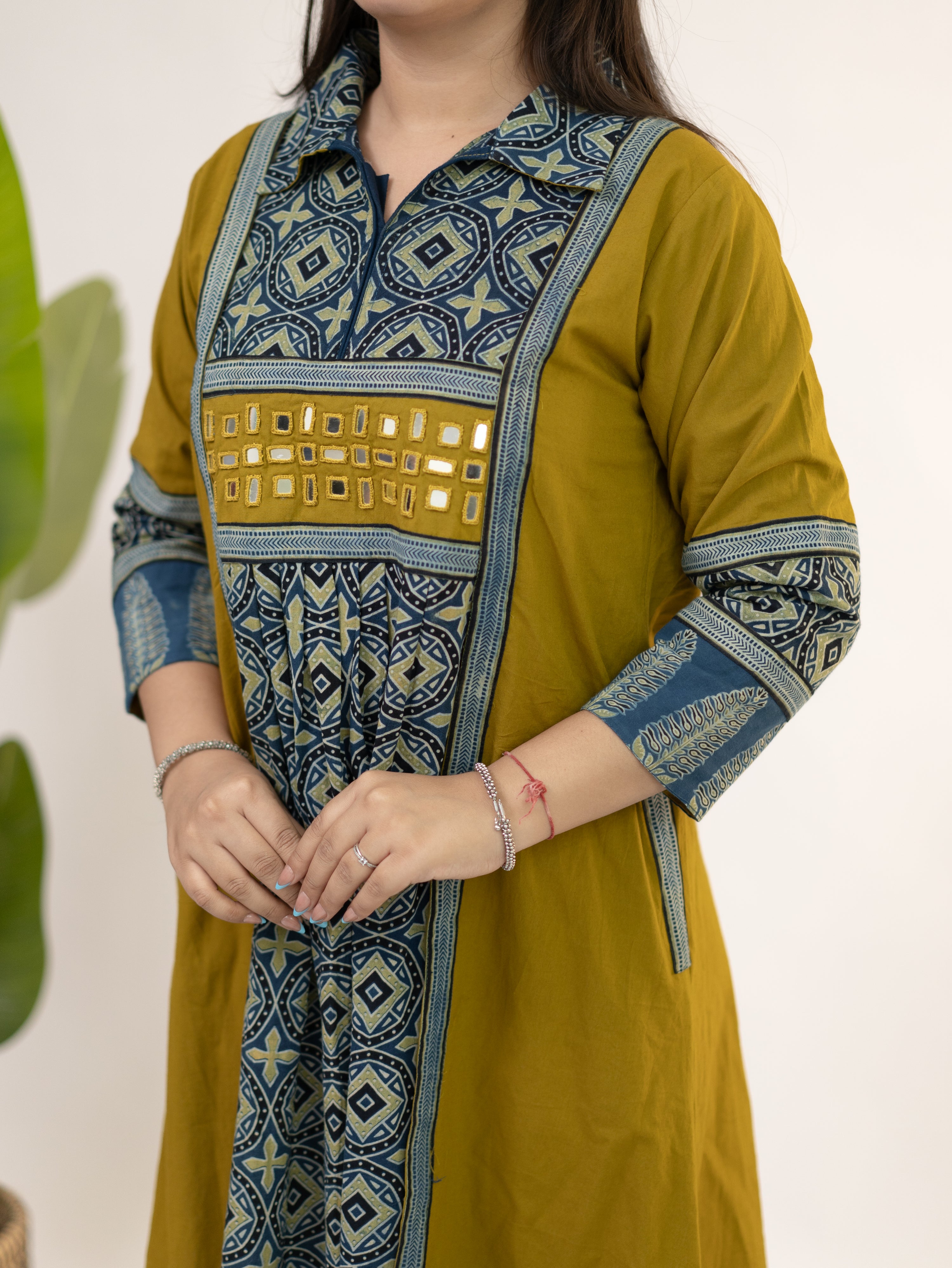 Diyara Mustard Cotton Ajrakh Kutch Embroidered A-line Kurta