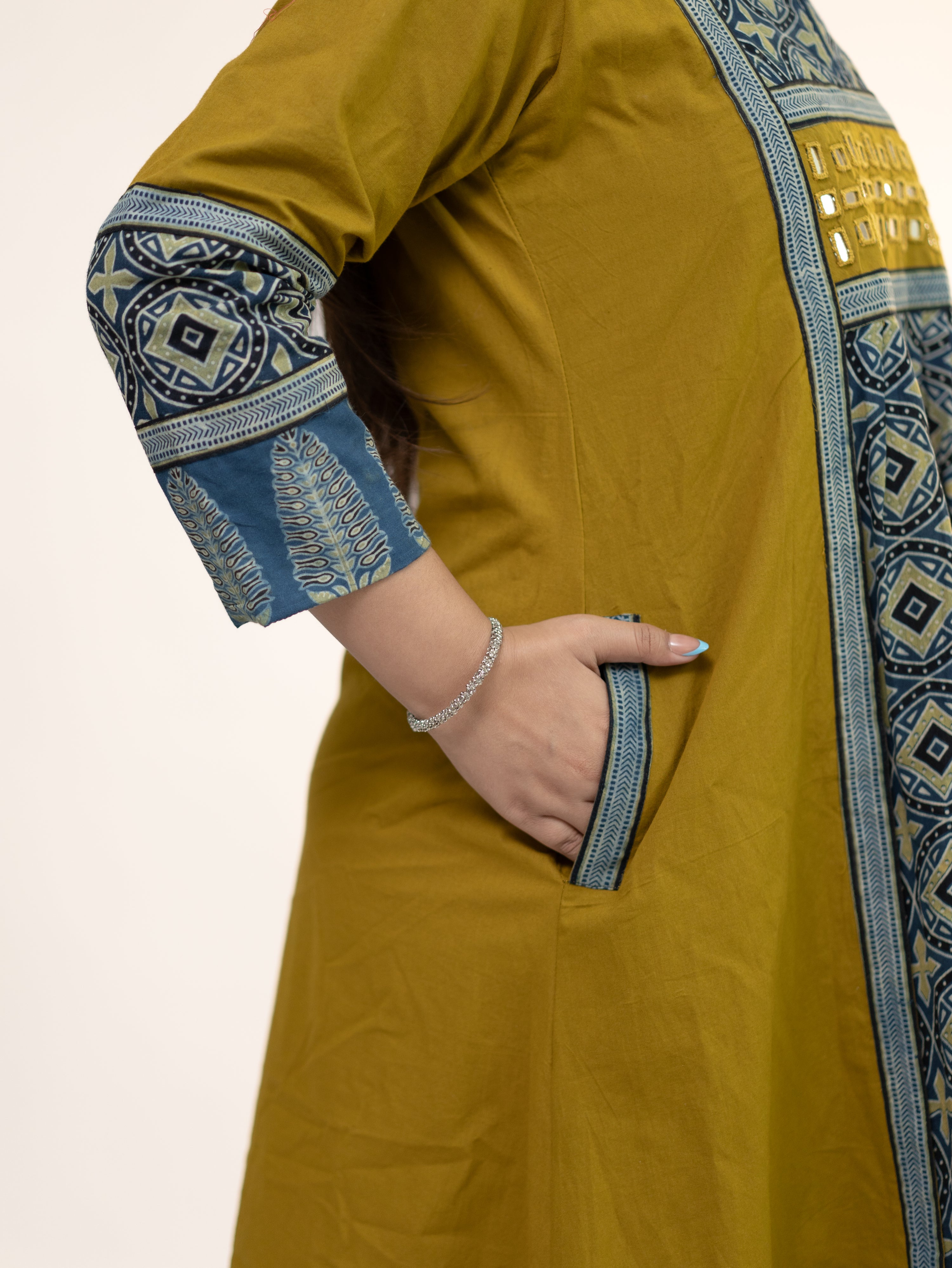 Diyara Mustard Cotton Ajrakh Kutch Embroidered A-line Kurta