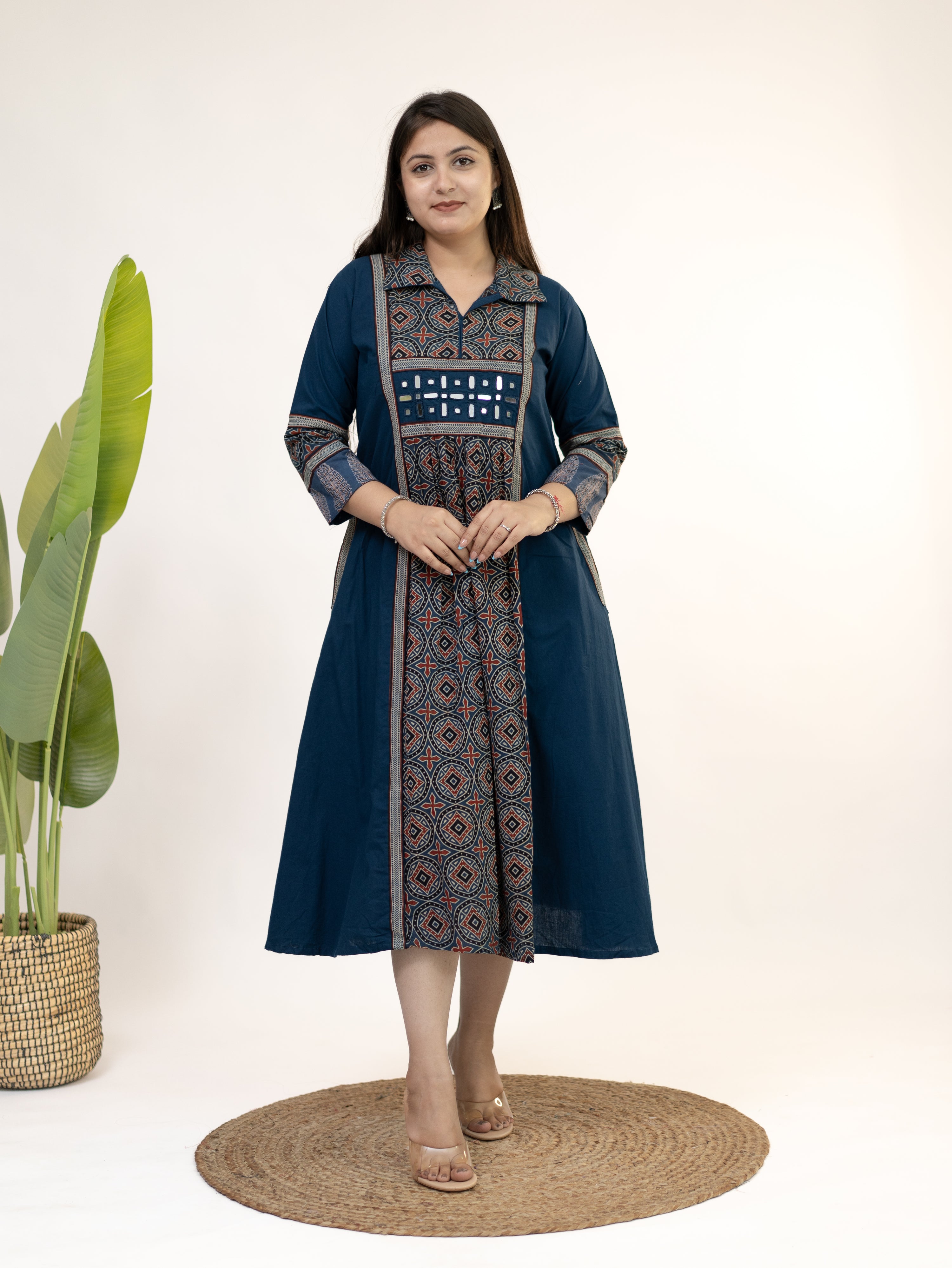 Diyara Blue Cotton Ajrakh Kutch Embroidered A-line Kurta