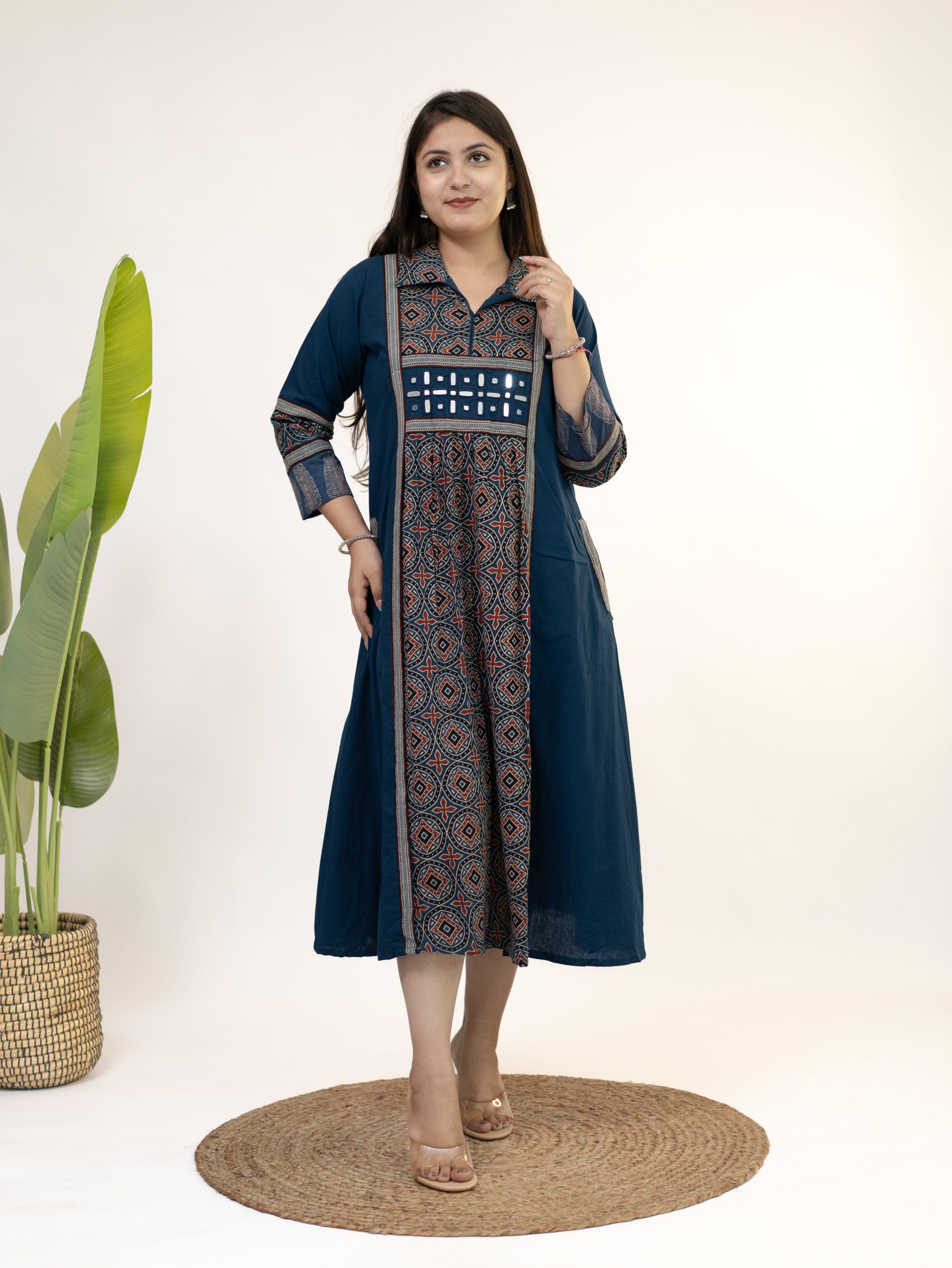 Diyara Blue Cotton Ajrakh Kutch Embroidered A-line Kurta