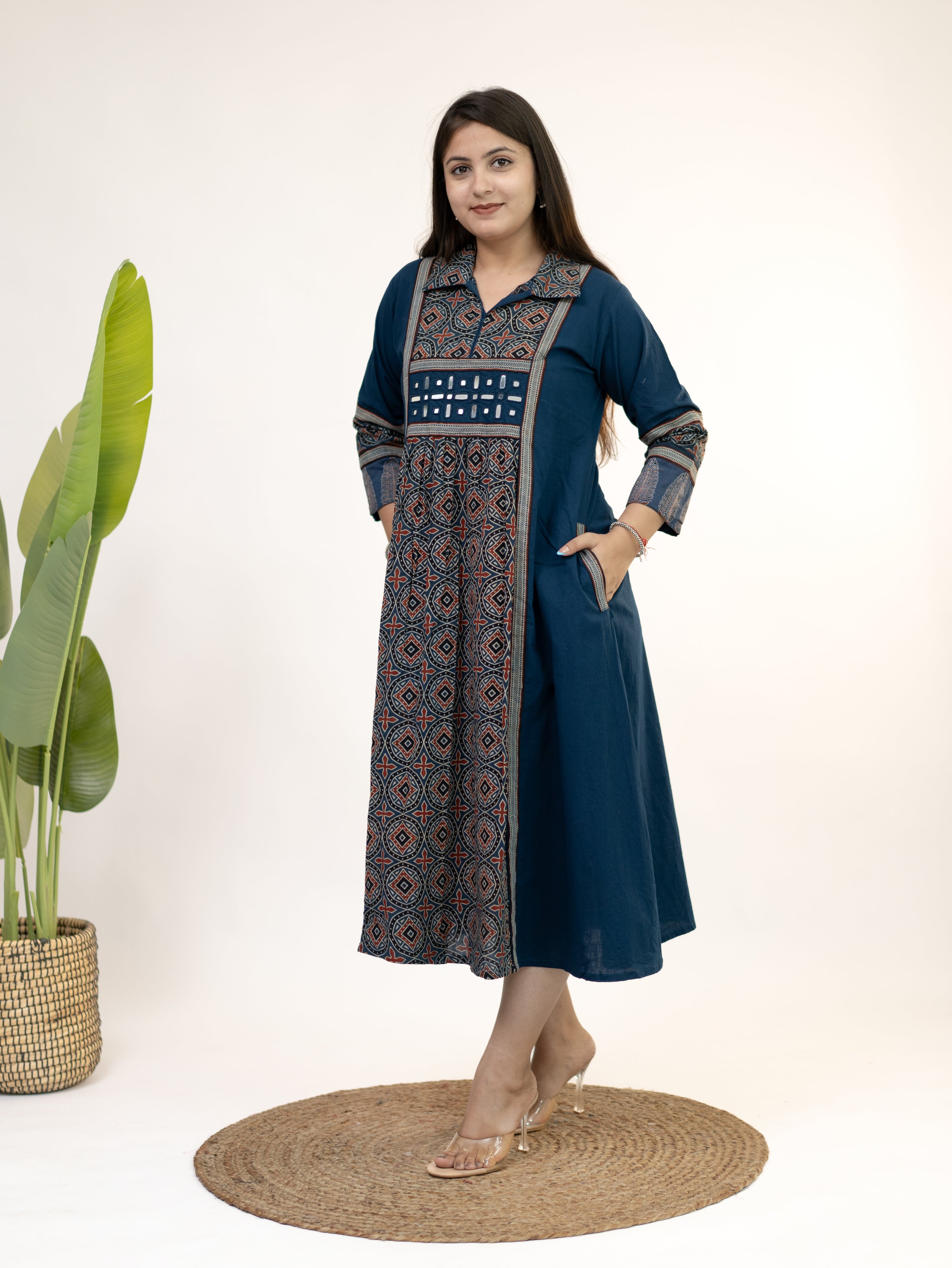 Diyara Blue Cotton Ajrakh Kutch Embroidered A-line Kurta