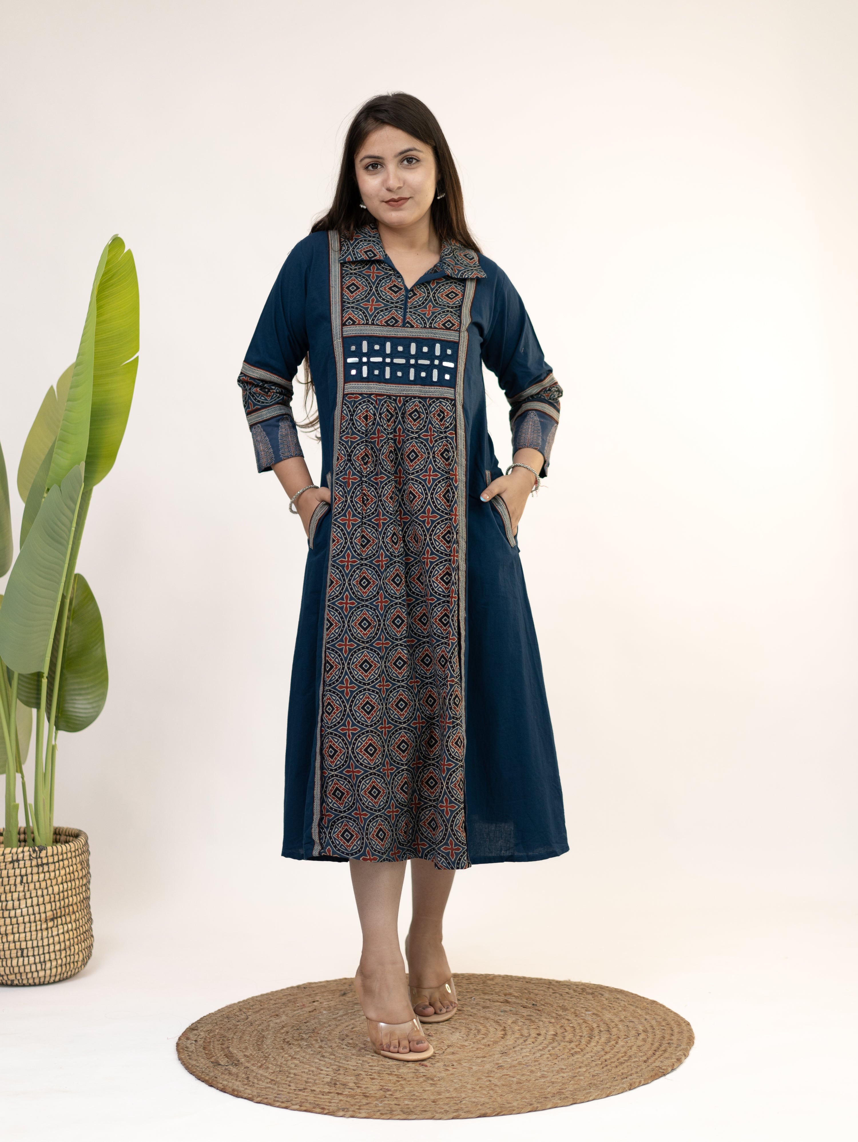Diyara Blue Cotton Ajrakh Kutch Embroidered A-line Kurta