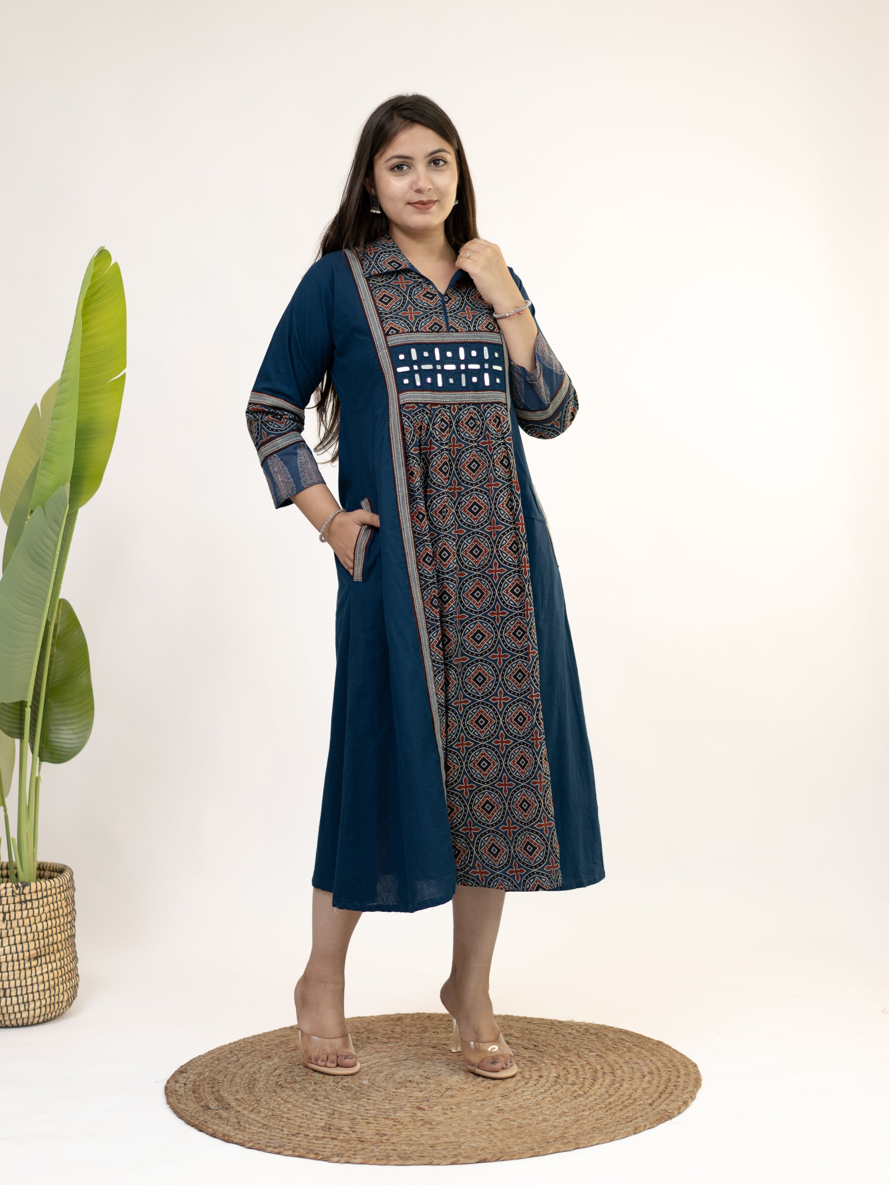Diyara Blue Cotton Ajrakh Kutch Embroidered A-line Kurta