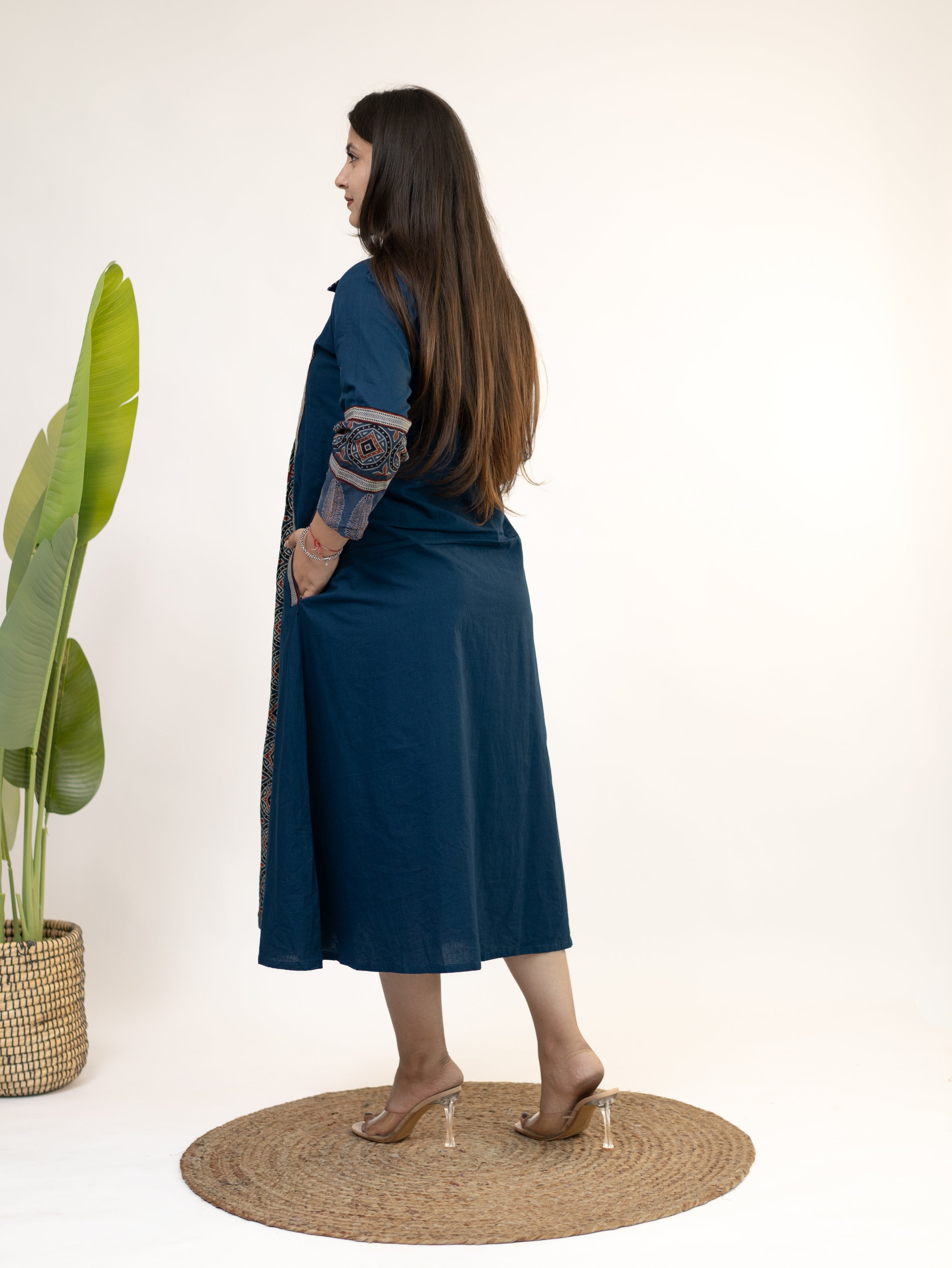 Diyara Blue Cotton Ajrakh Kutch Embroidered A-line Kurta