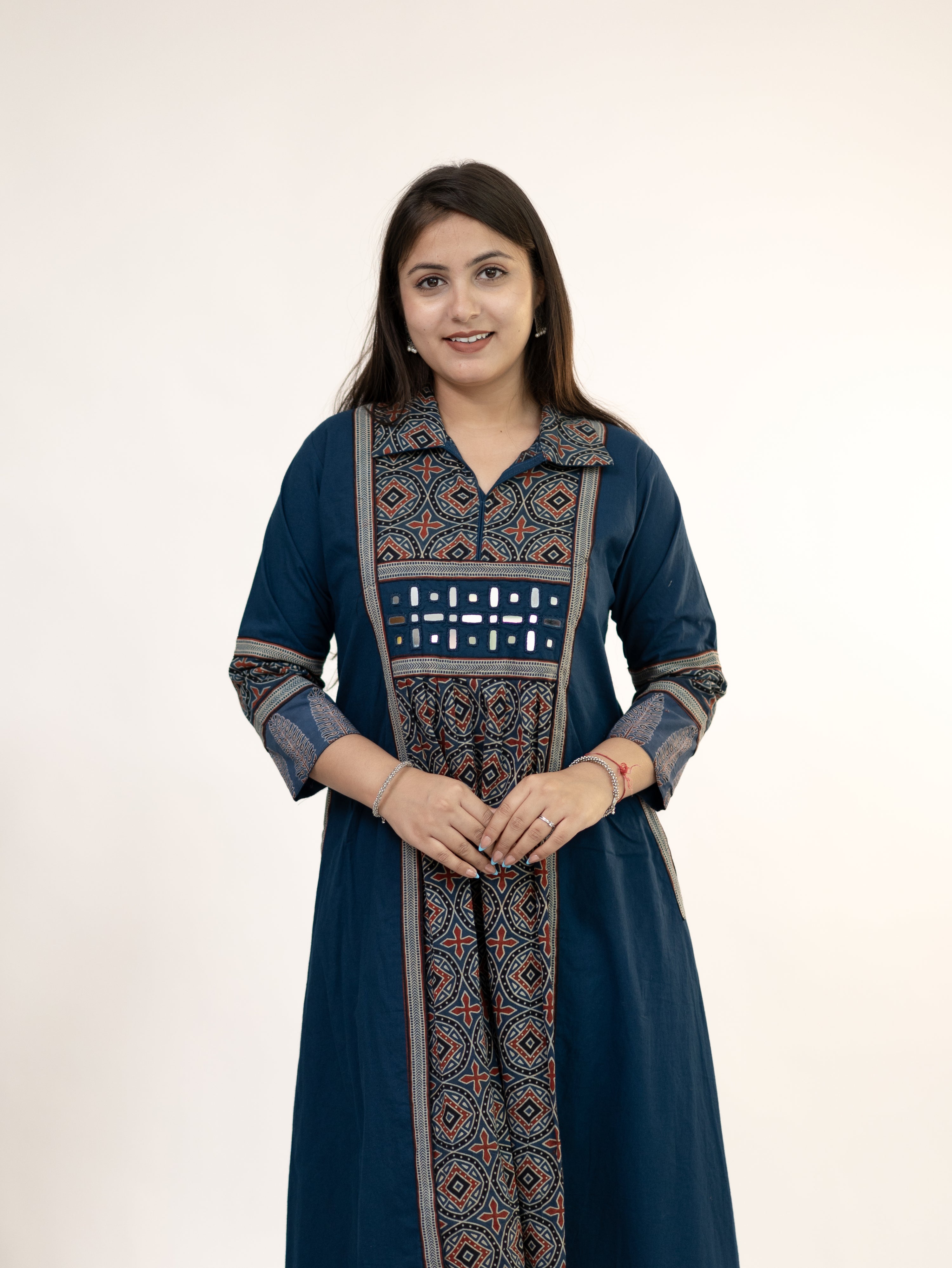 Diyara Blue Cotton Ajrakh Kutch Embroidered A-line Kurta