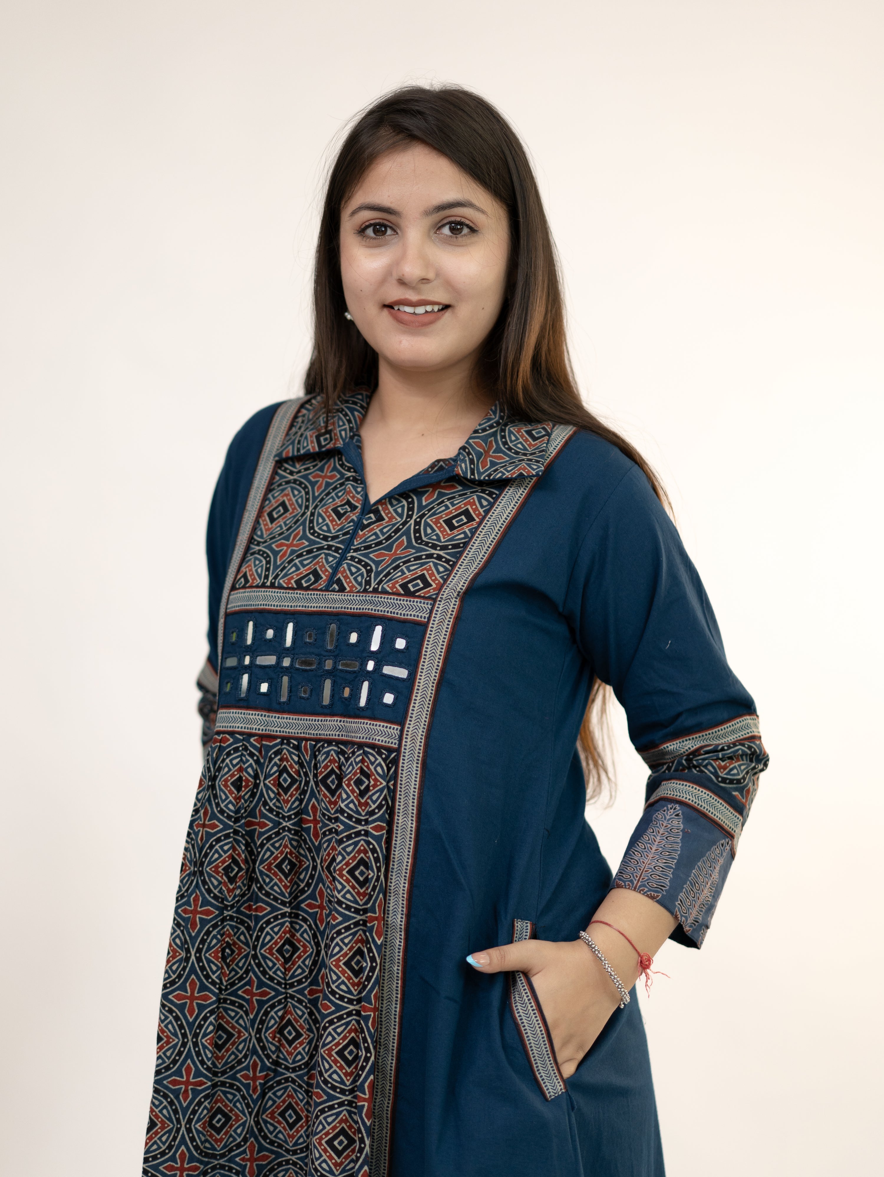 Diyara Blue Cotton Ajrakh Kutch Embroidered A-line Kurta