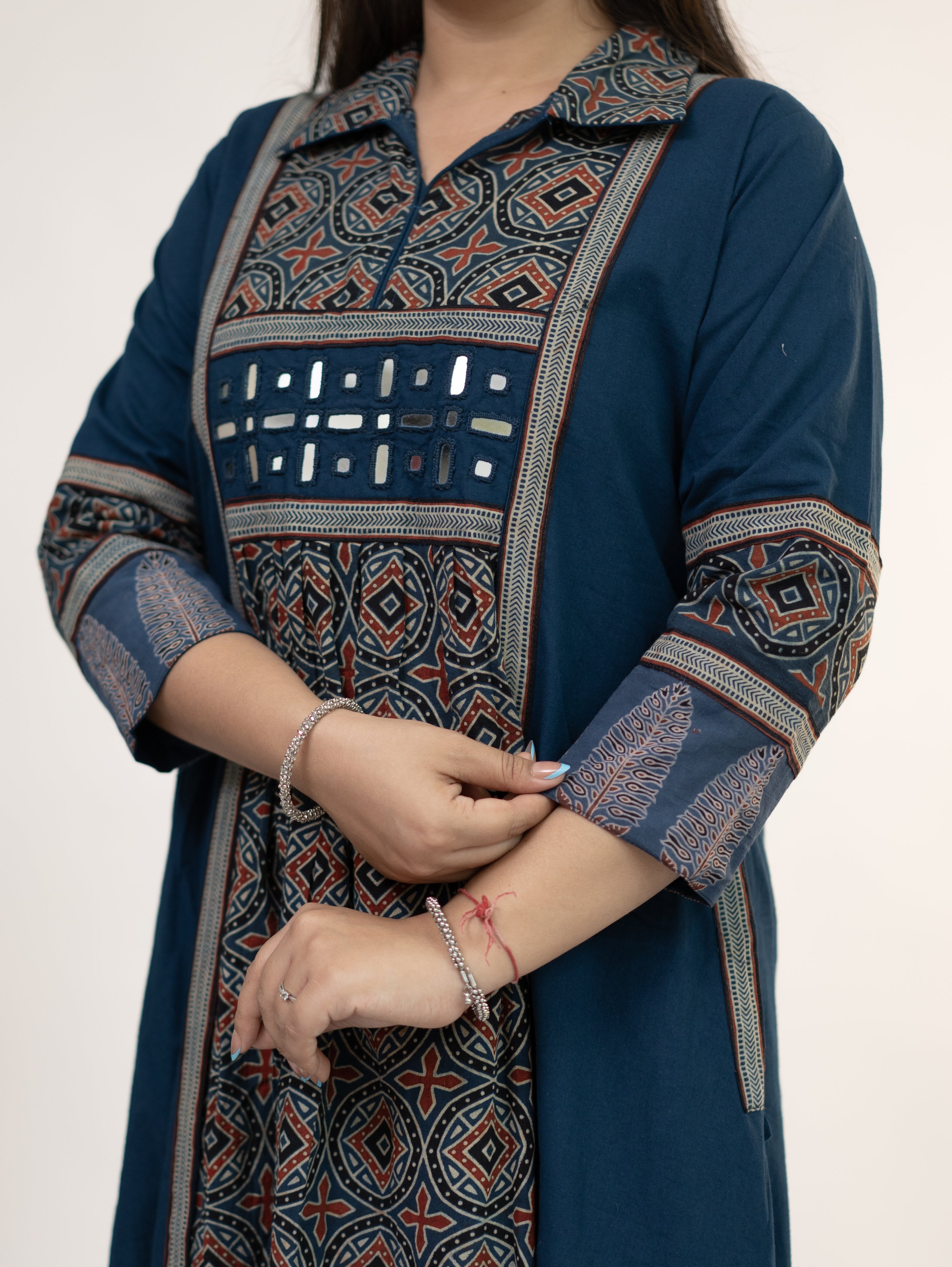 Diyara Blue Cotton Ajrakh Kutch Embroidered A-line Kurta