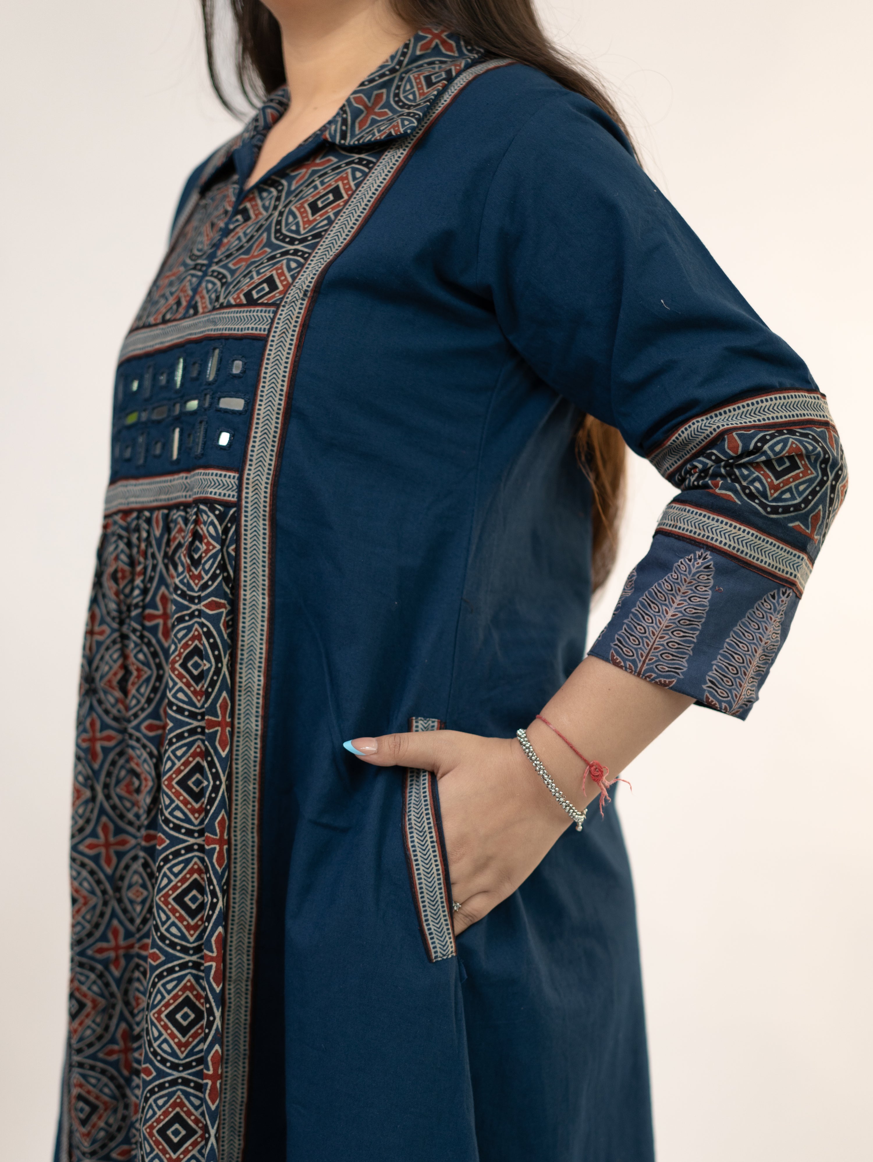 Diyara Blue Cotton Ajrakh Kutch Embroidered A-line Kurta