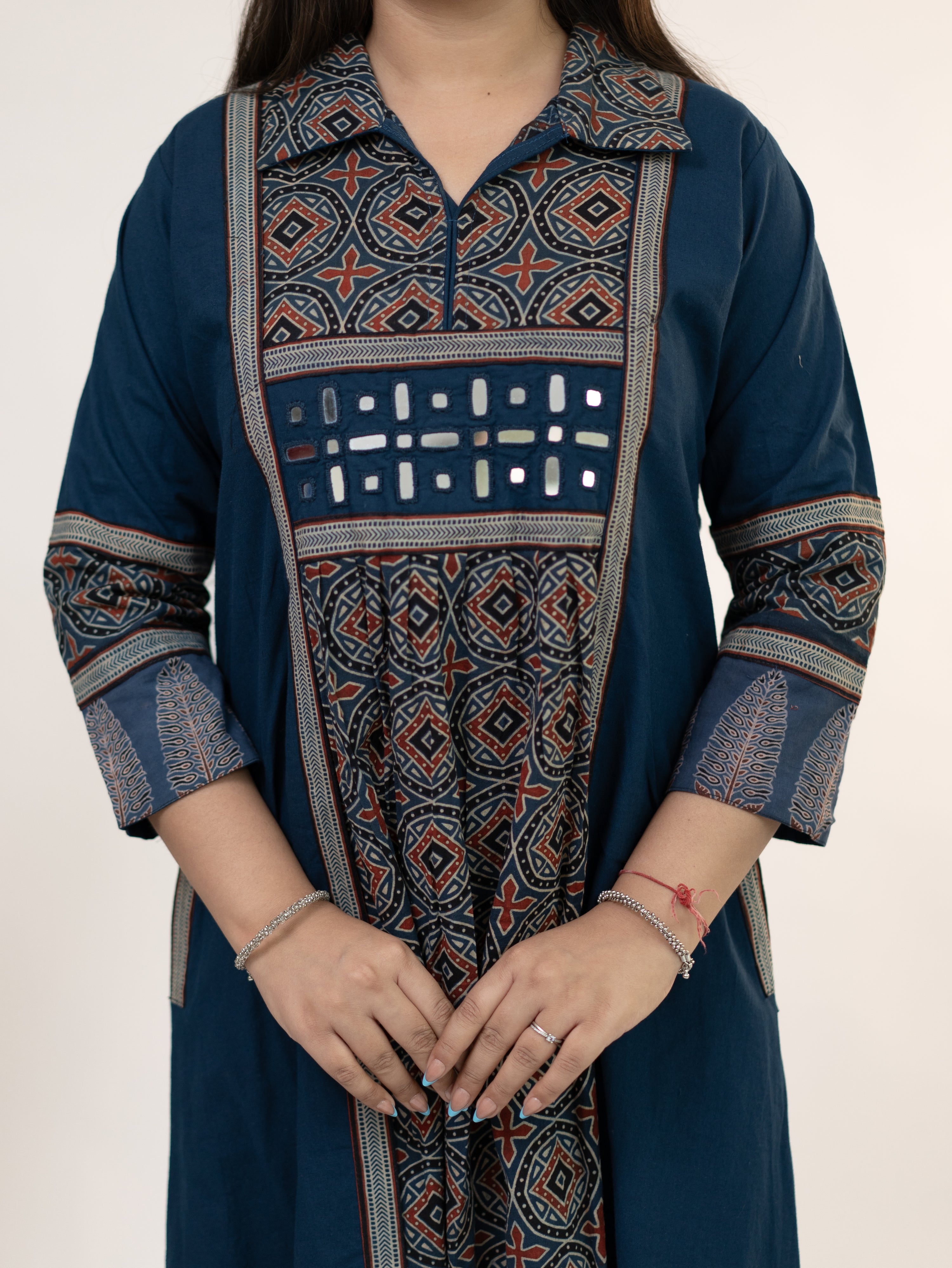 Diyara Blue Cotton Ajrakh Kutch Embroidered A-line Kurta