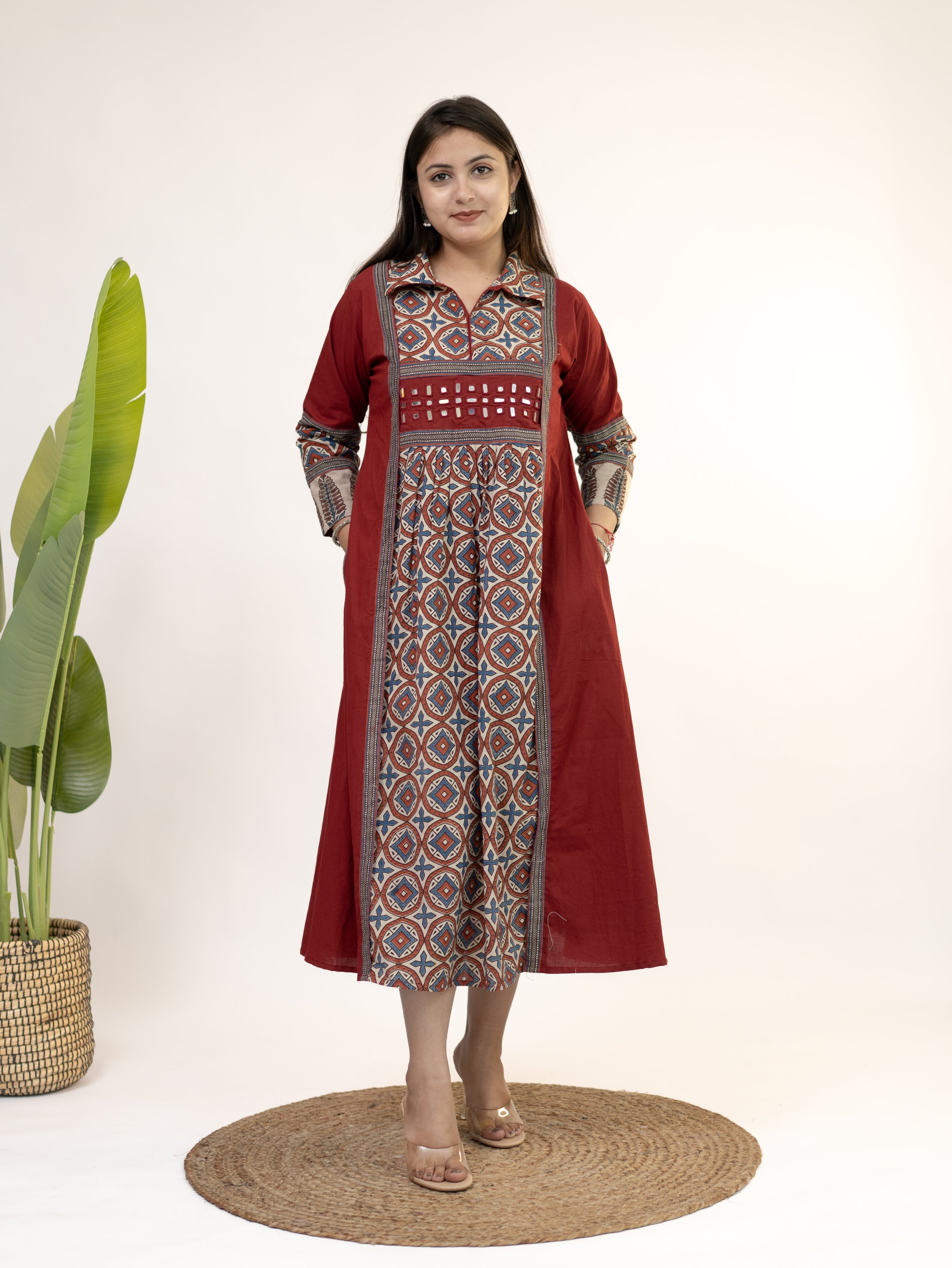 Diyara Red Cotton Ajrakh Kutch Embroidered A-line Kurta