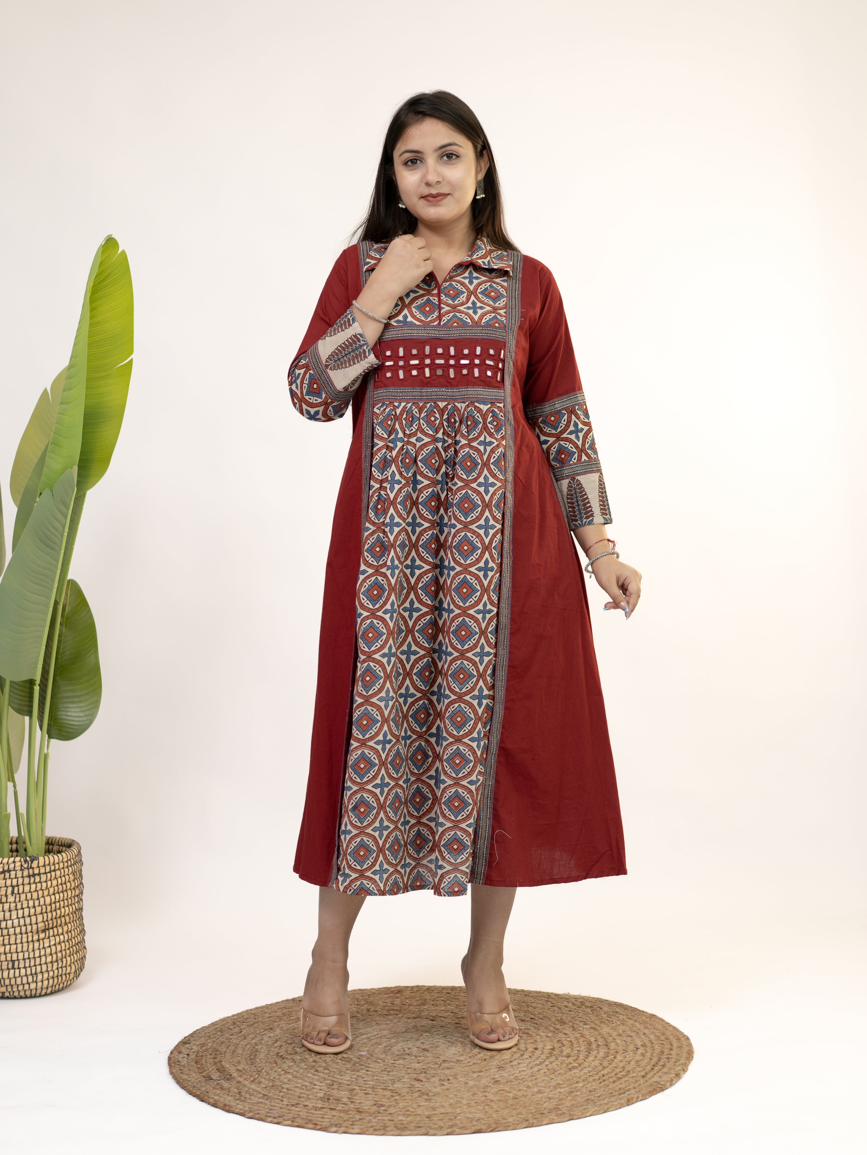 Diyara Red Cotton Ajrakh Kutch Embroidered A-line Kurta