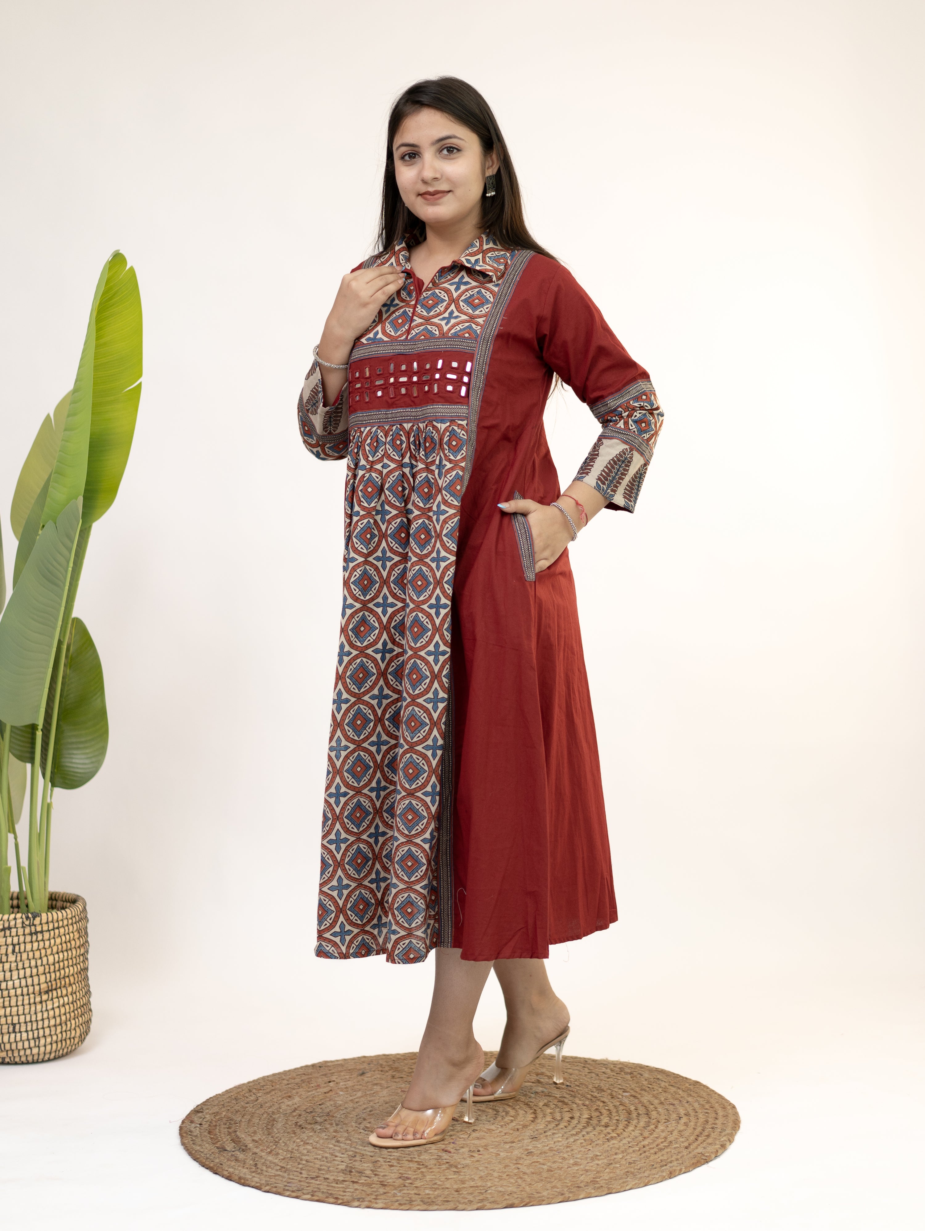 Diyara Red Cotton Ajrakh Kutch Embroidered A-line Kurta
