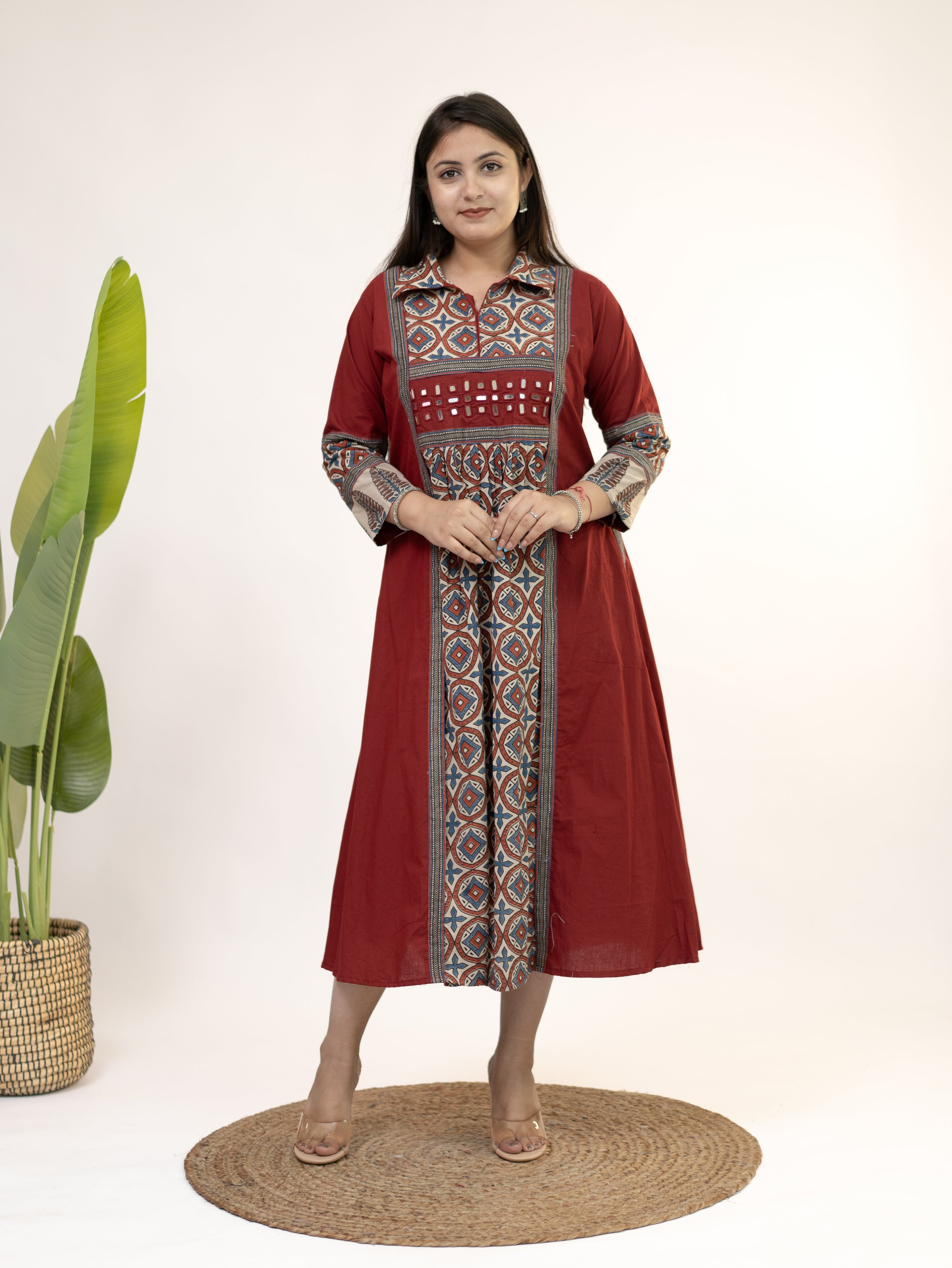 Diyara Red Cotton Ajrakh Kutch Embroidered A-line Kurta