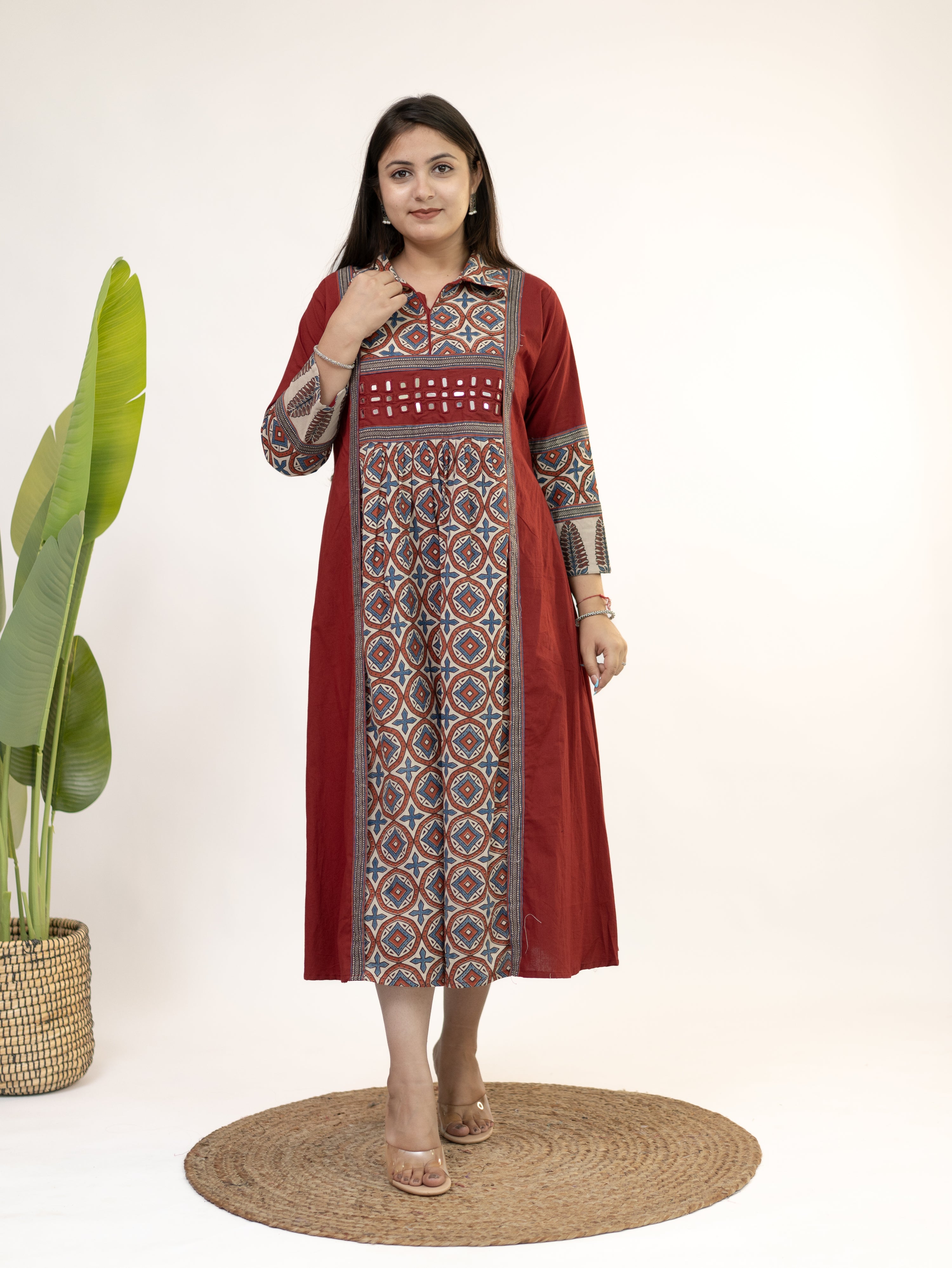 Diyara Red Cotton Ajrakh Kutch Embroidered A-line Kurta