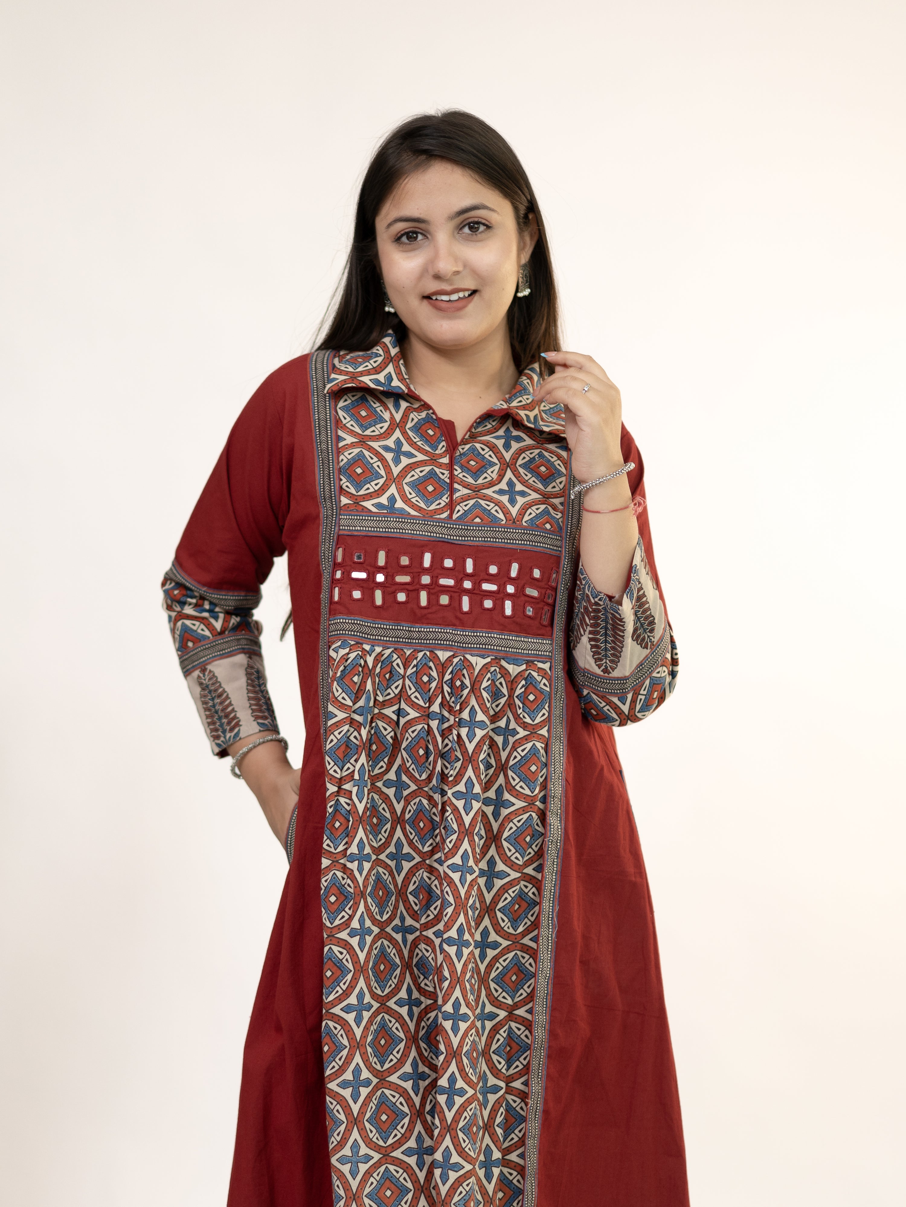 Diyara Red Cotton Ajrakh Kutch Embroidered A-line Kurta