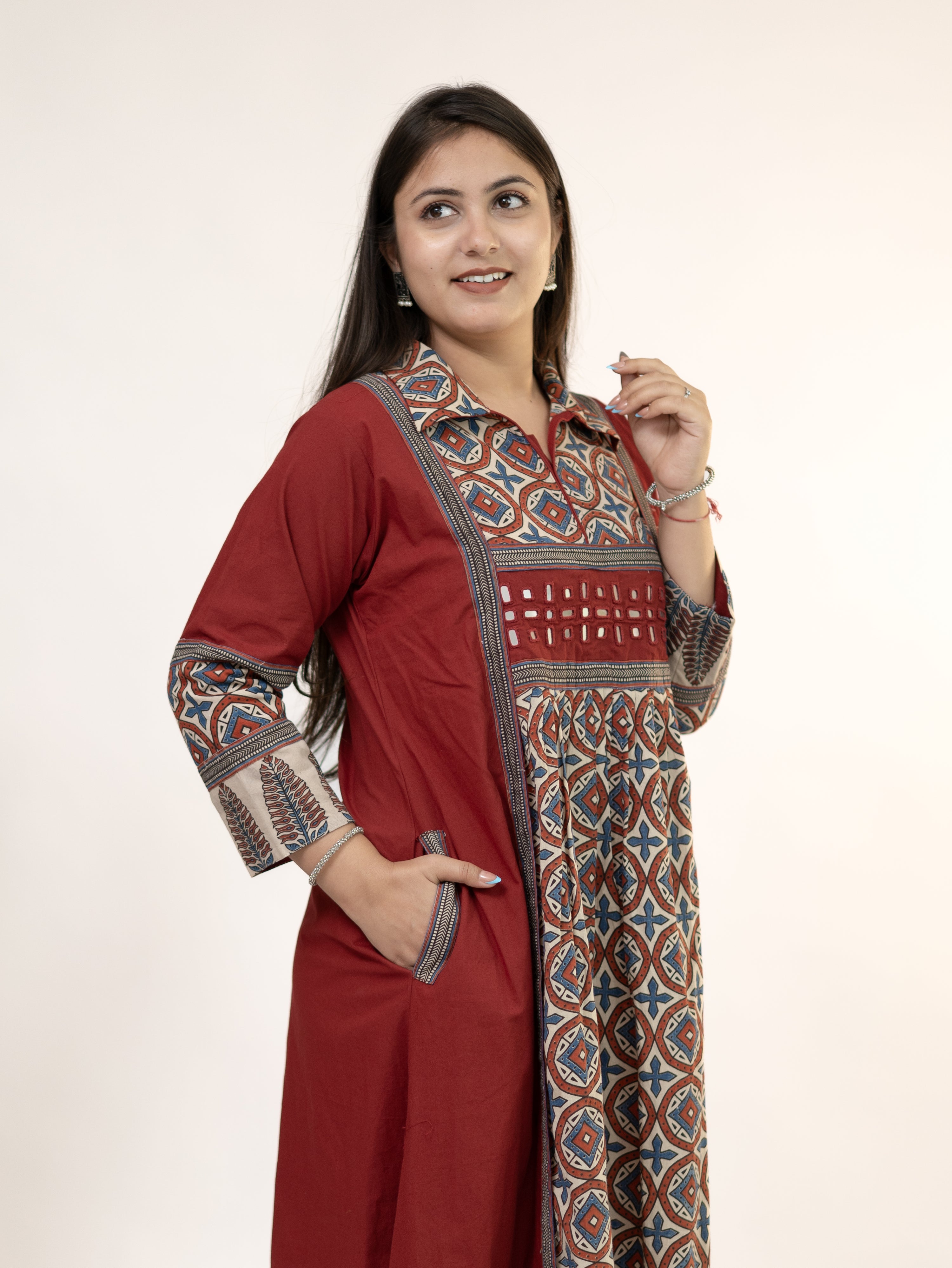 Diyara Red Cotton Ajrakh Kutch Embroidered A-line Kurta