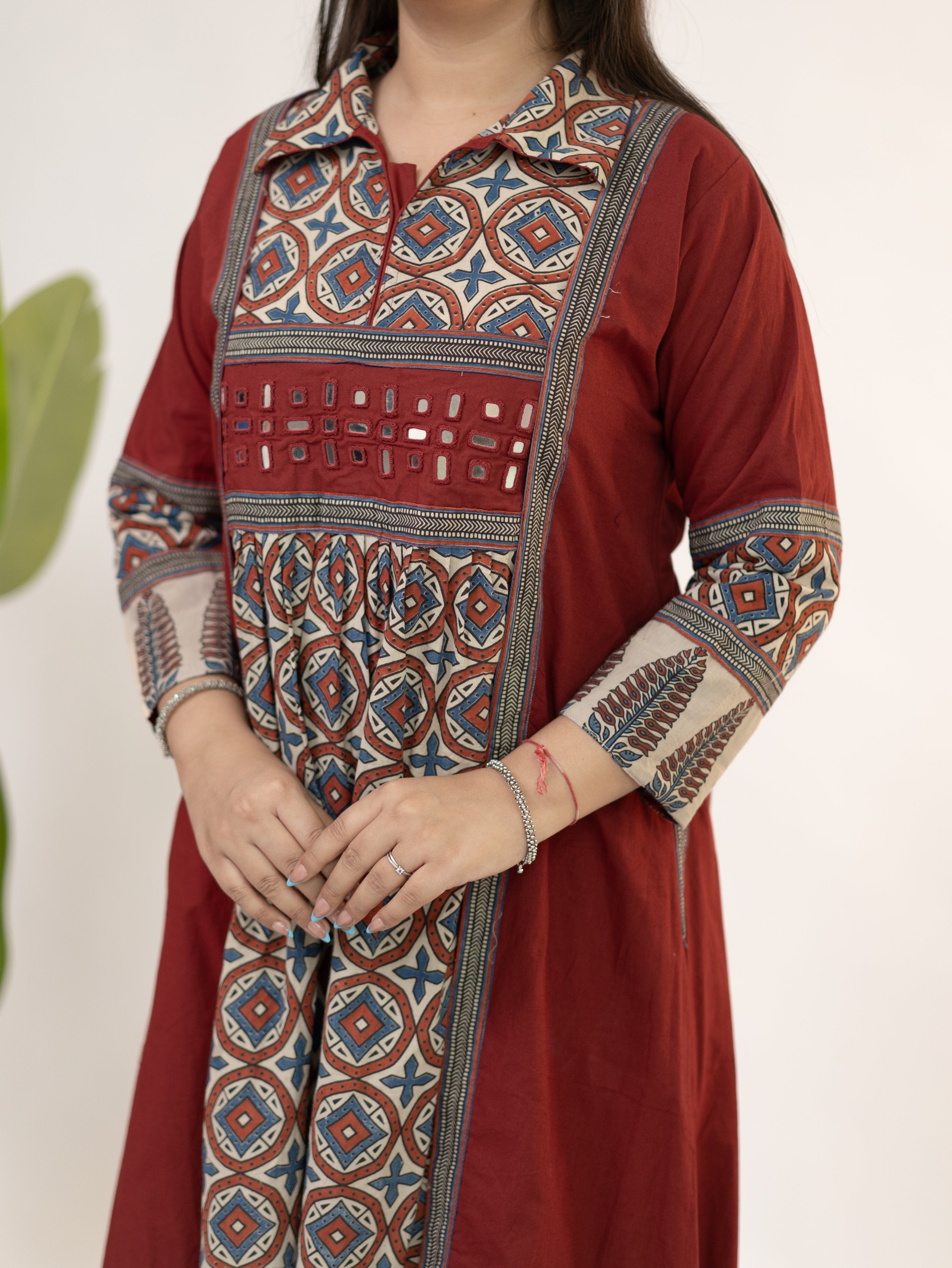 Diyara Red Cotton Ajrakh Kutch Embroidered A-line Kurta