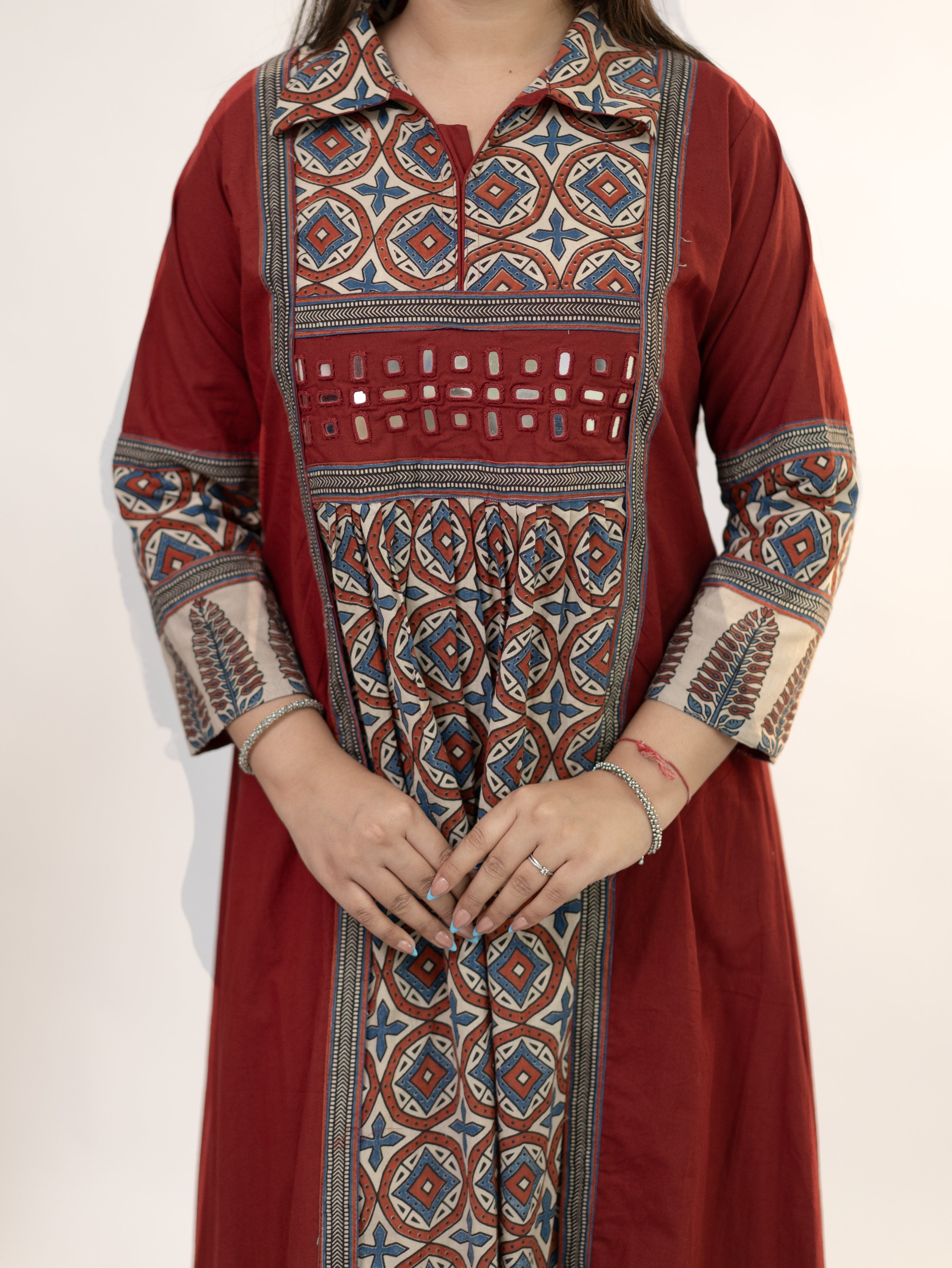 Diyara Red Cotton Ajrakh Kutch Embroidered A-line Kurta