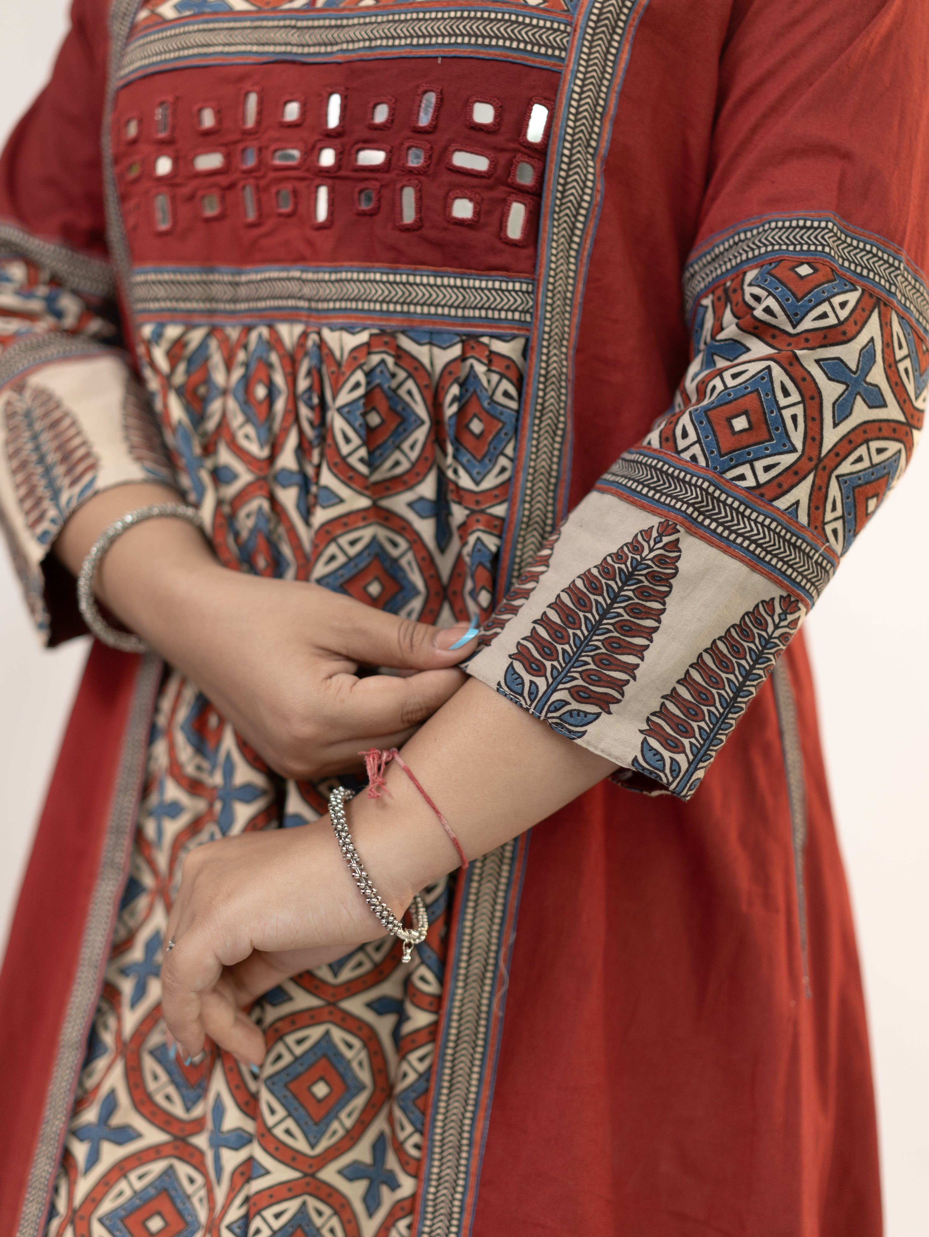 Diyara Red Cotton Ajrakh Kutch Embroidered A-line Kurta