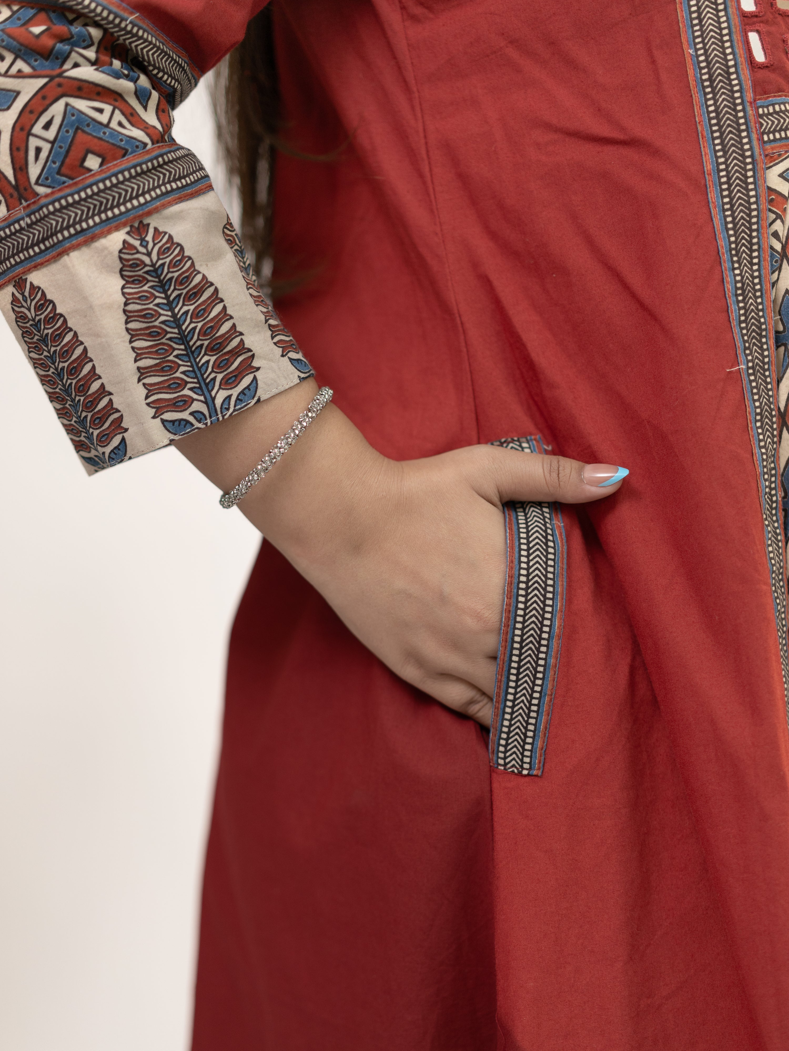 Diyara Red Cotton Ajrakh Kutch Embroidered A-line Kurta