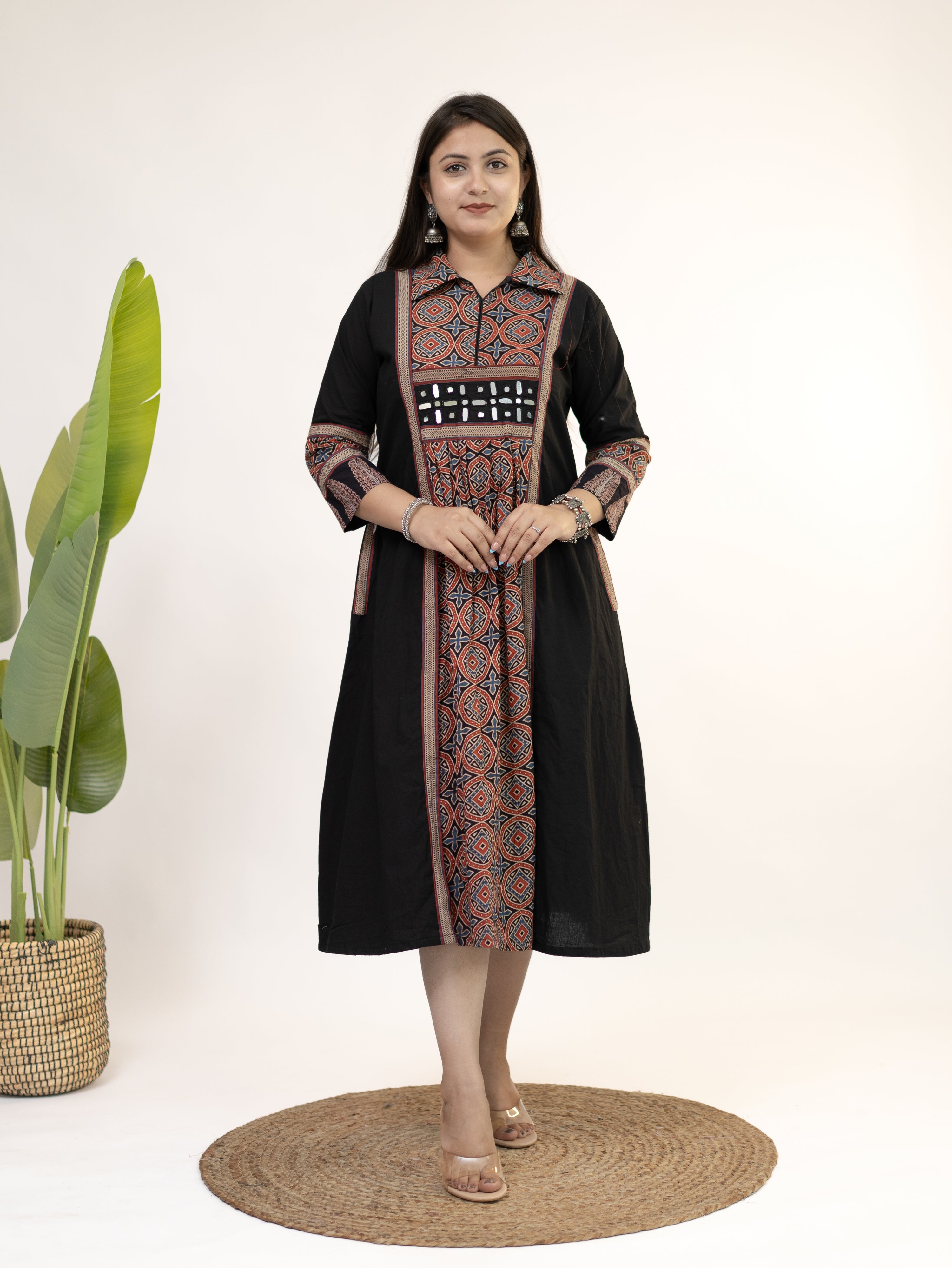 Diyara Black Cotton Ajrakh Kutch Embroidered A-line Kurta