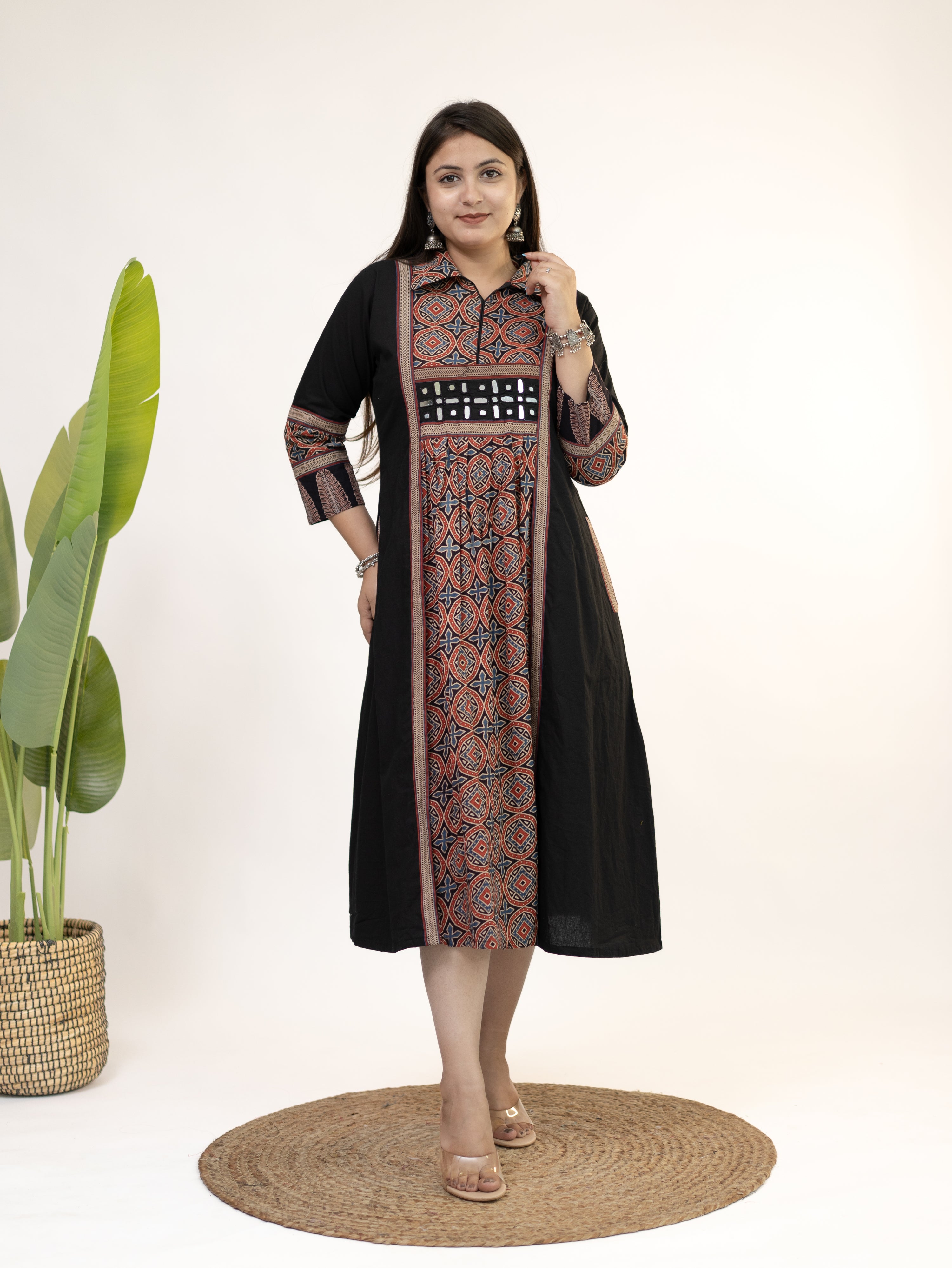 Diyara Black Cotton Ajrakh Kutch Embroidered A-line Kurta